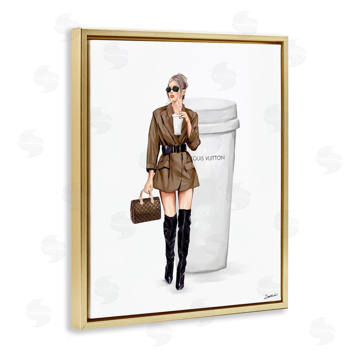 Ziwei Li Chic Fashion & Coffee Cup Gold Floating Frame Canvas Wall Art Print
