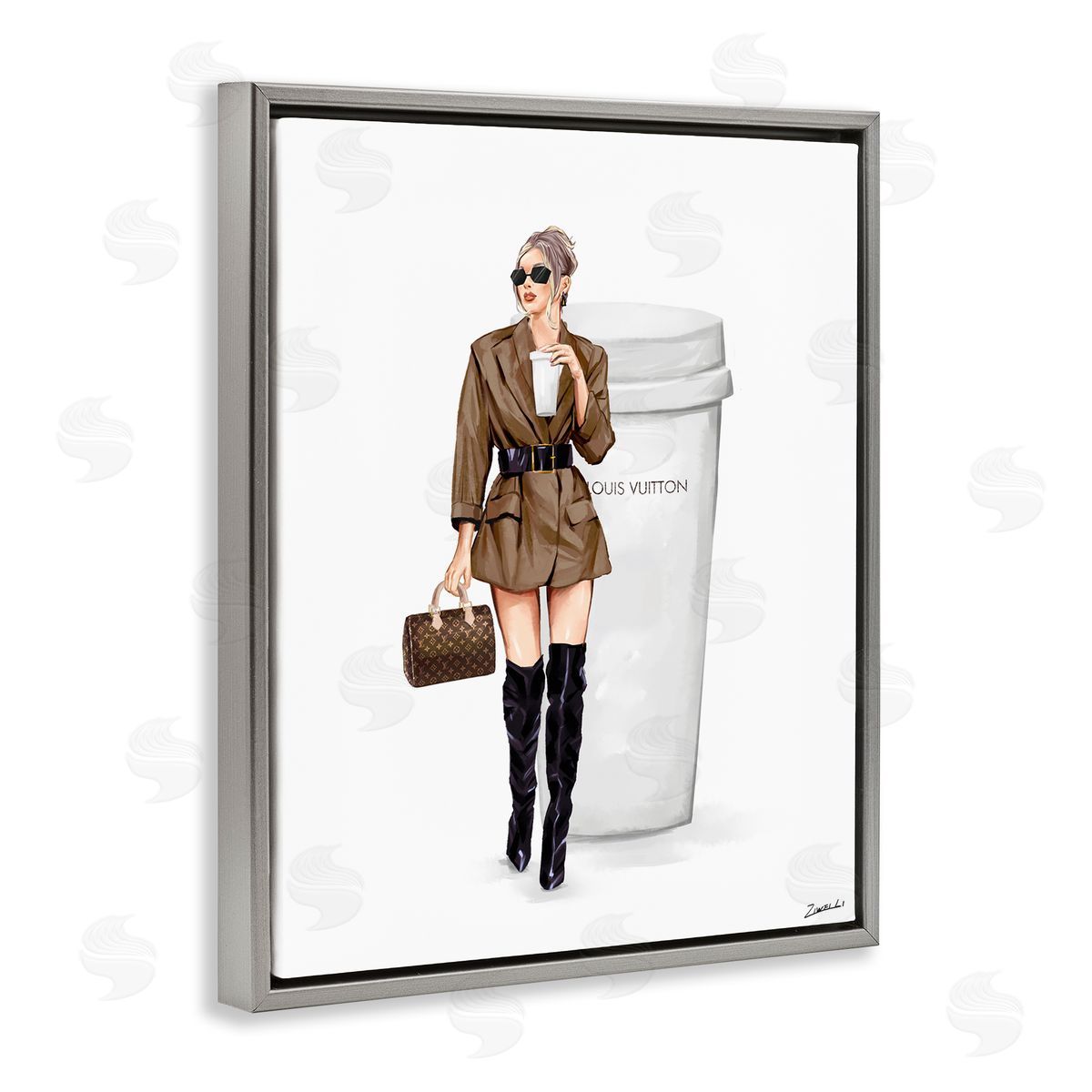 Ziwei Li Chic Fashion & Coffee Cup Gray Floating Frame Canvas Wall Art Print