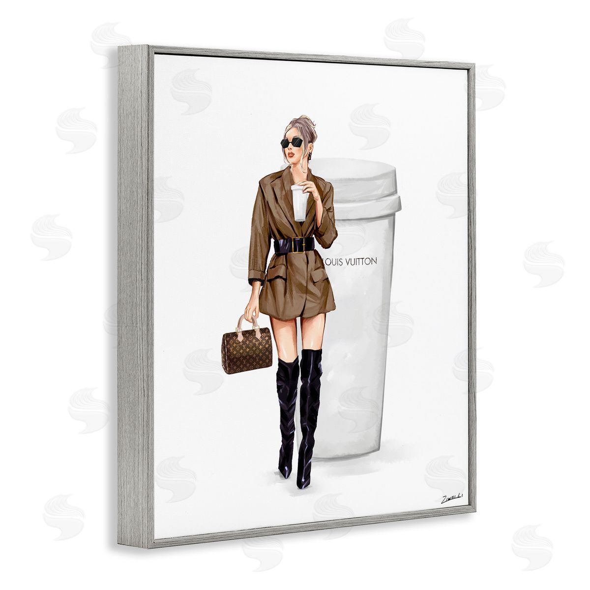 Ziwei Li Chic Fashion & Coffee Cup Gray Framed Giclee Wall Art Print