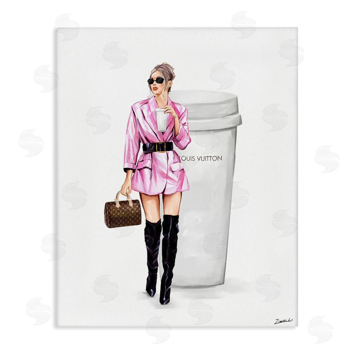 Ziwei Li Woman in Pink with Coffee Canvas Wall Art Print