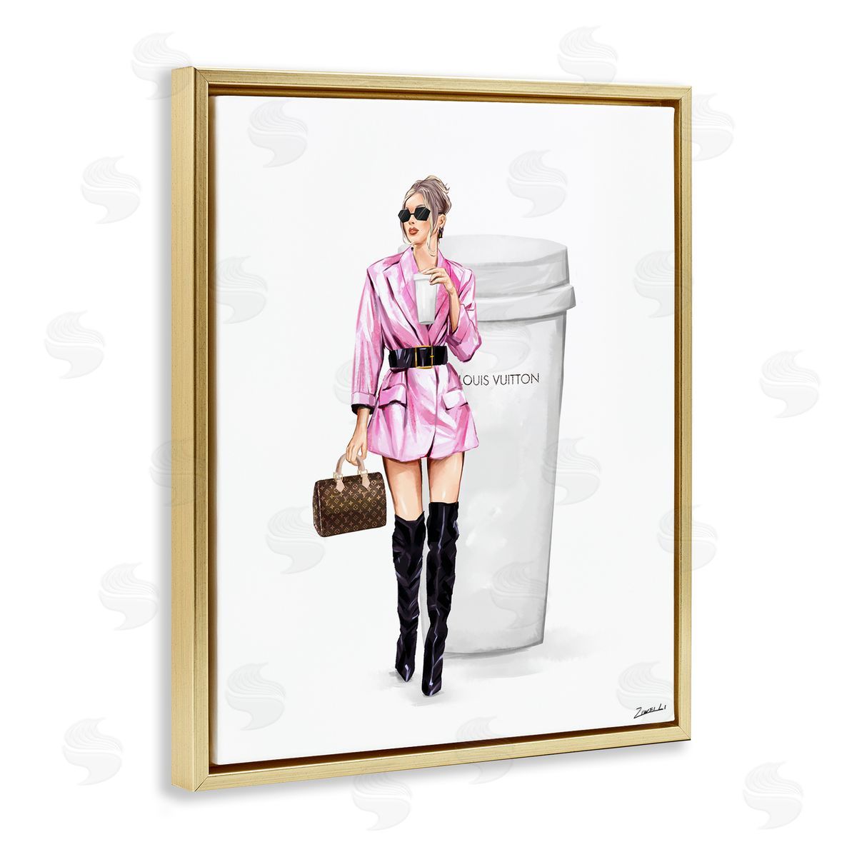 Ziwei Li Woman in Pink with Coffee Gold Floating Frame Canvas Wall Art Print