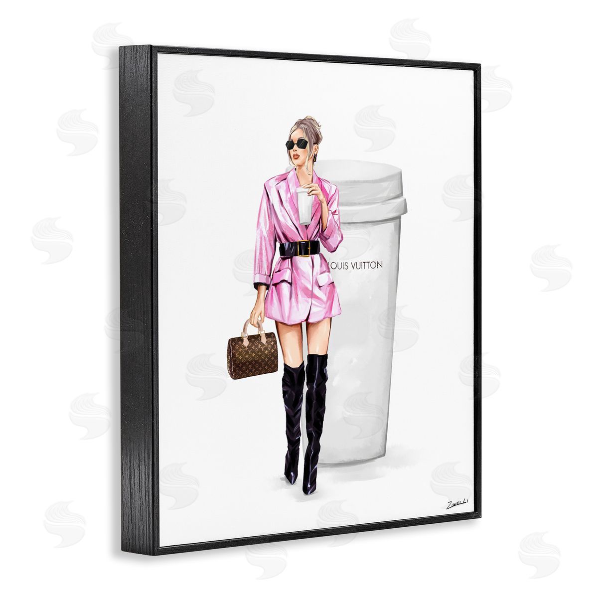 Ziwei Li Woman in Pink with Coffee Black Framed Giclee Wall Art Print