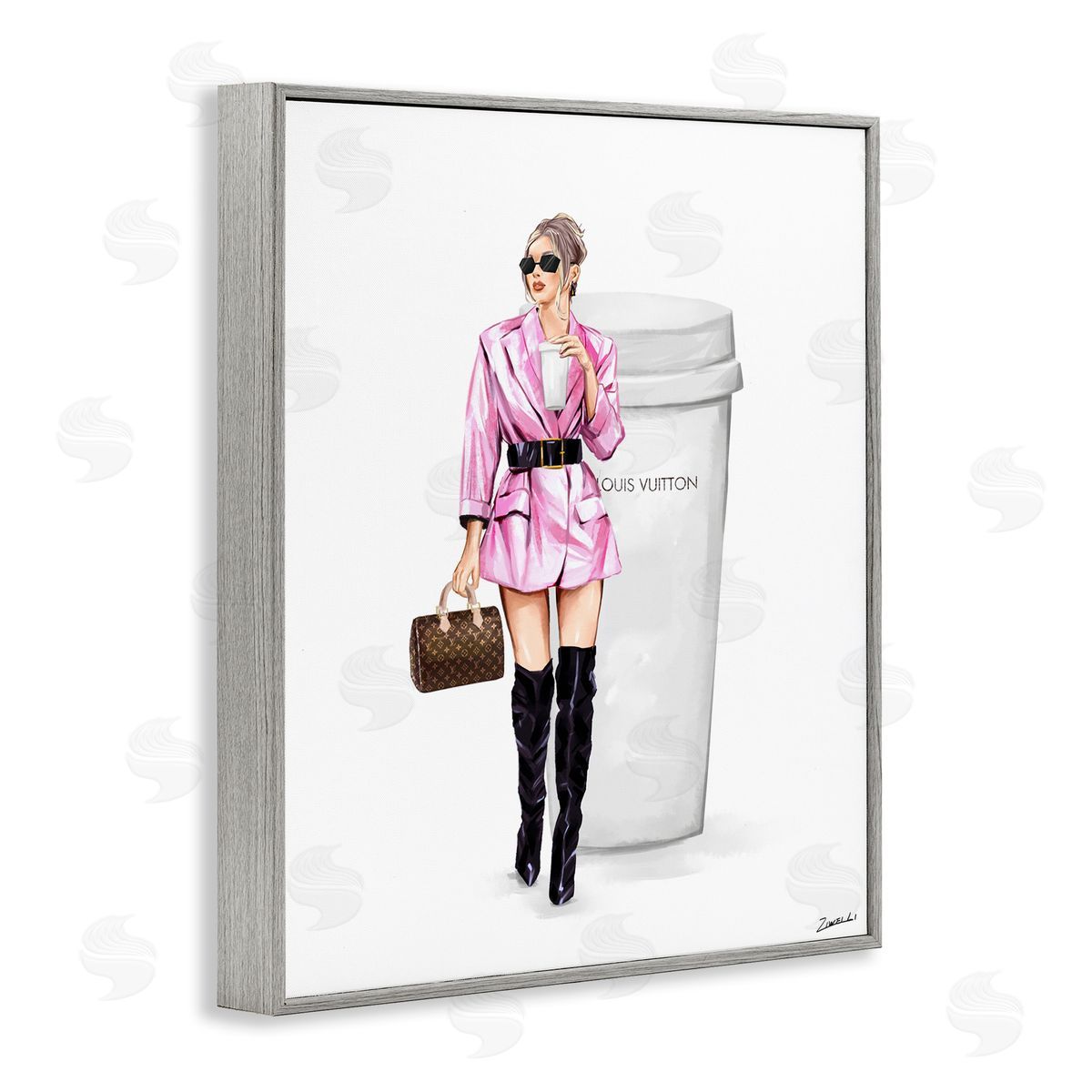 Ziwei Li Woman in Pink with Coffee Gray Framed Giclee Wall Art Print