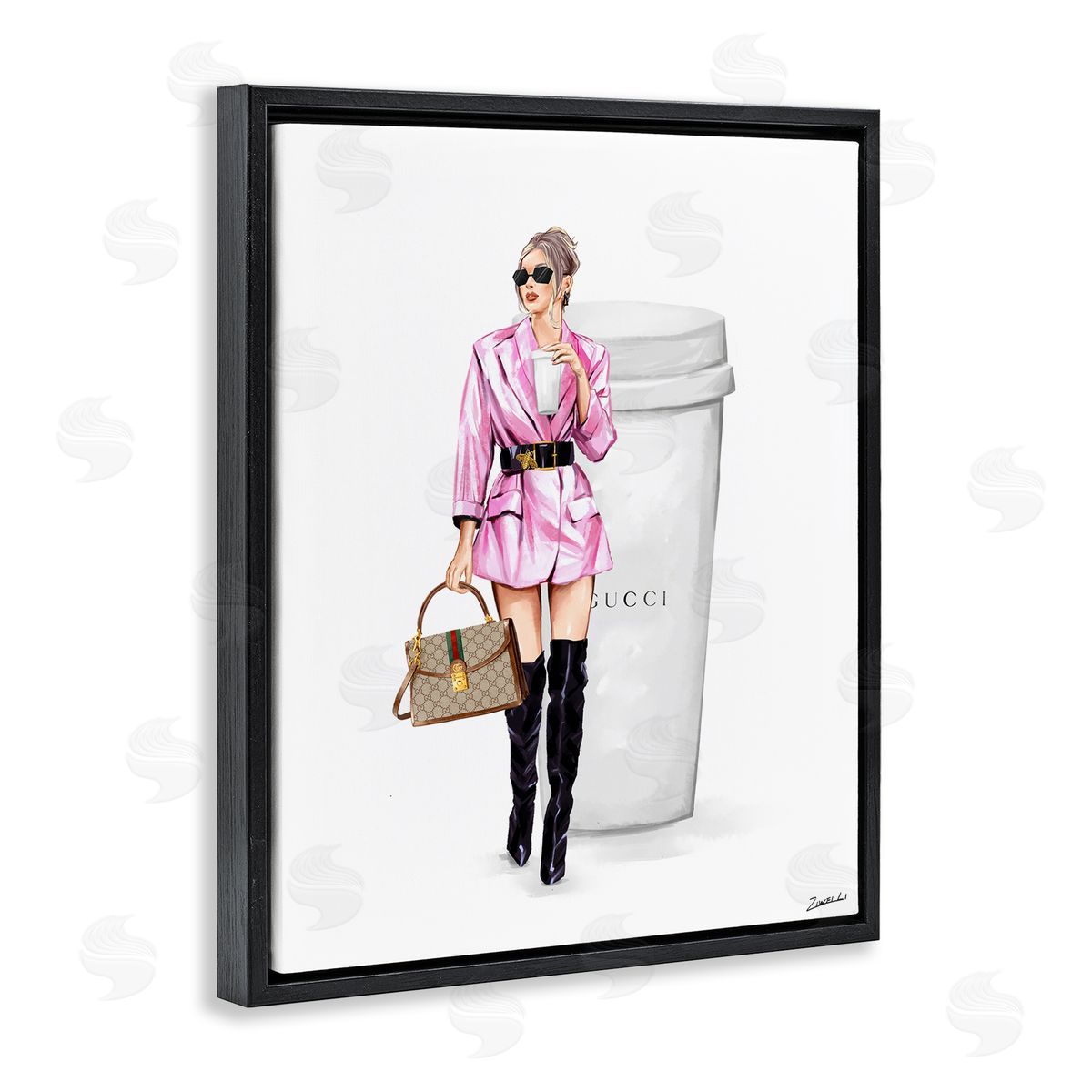 Ziwei Li Glam Woman with Coffee Black Floating Frame Canvas Wall Art Print