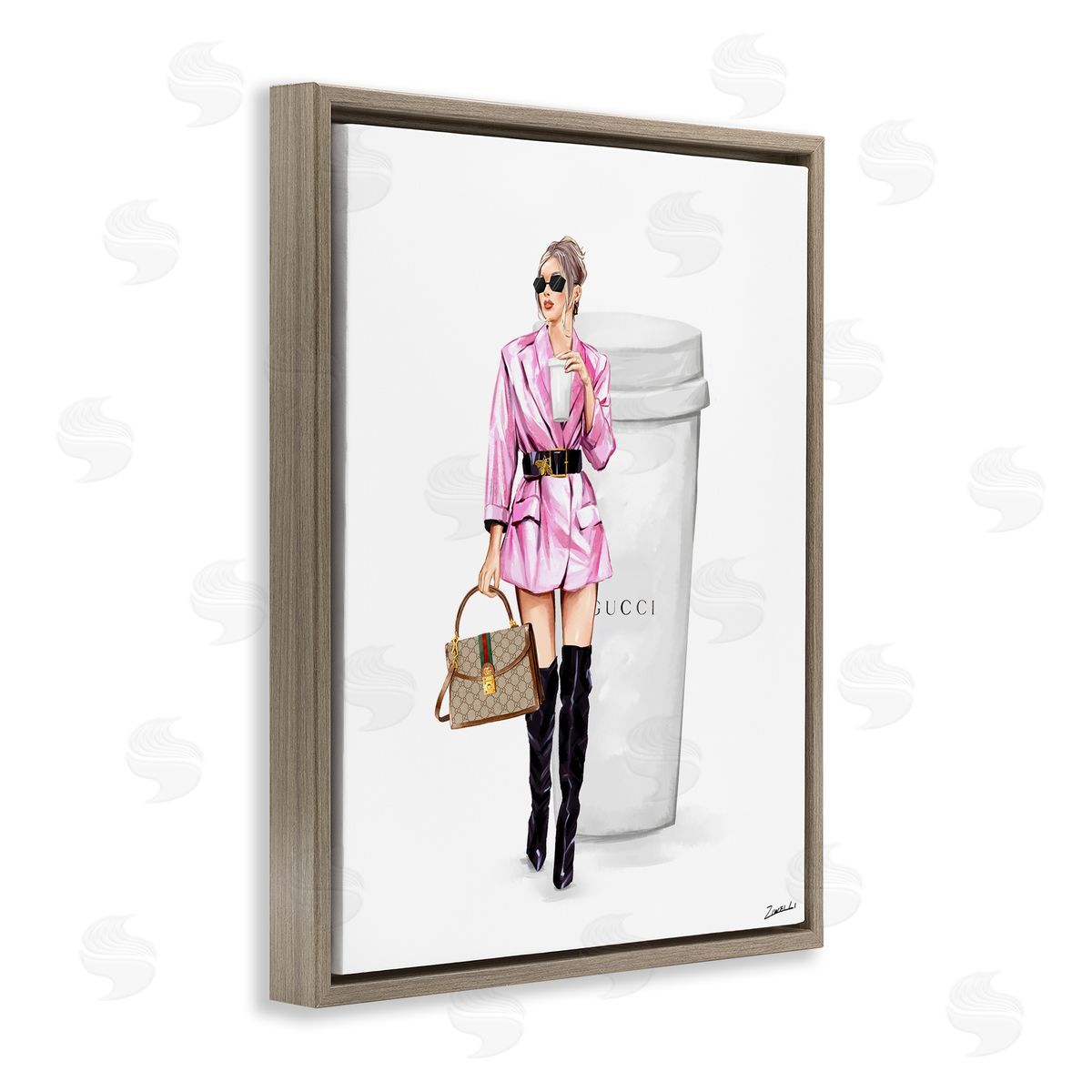 Ziwei Li Glam Woman with Coffee Brown Floating Frame Canvas Wall Art Print