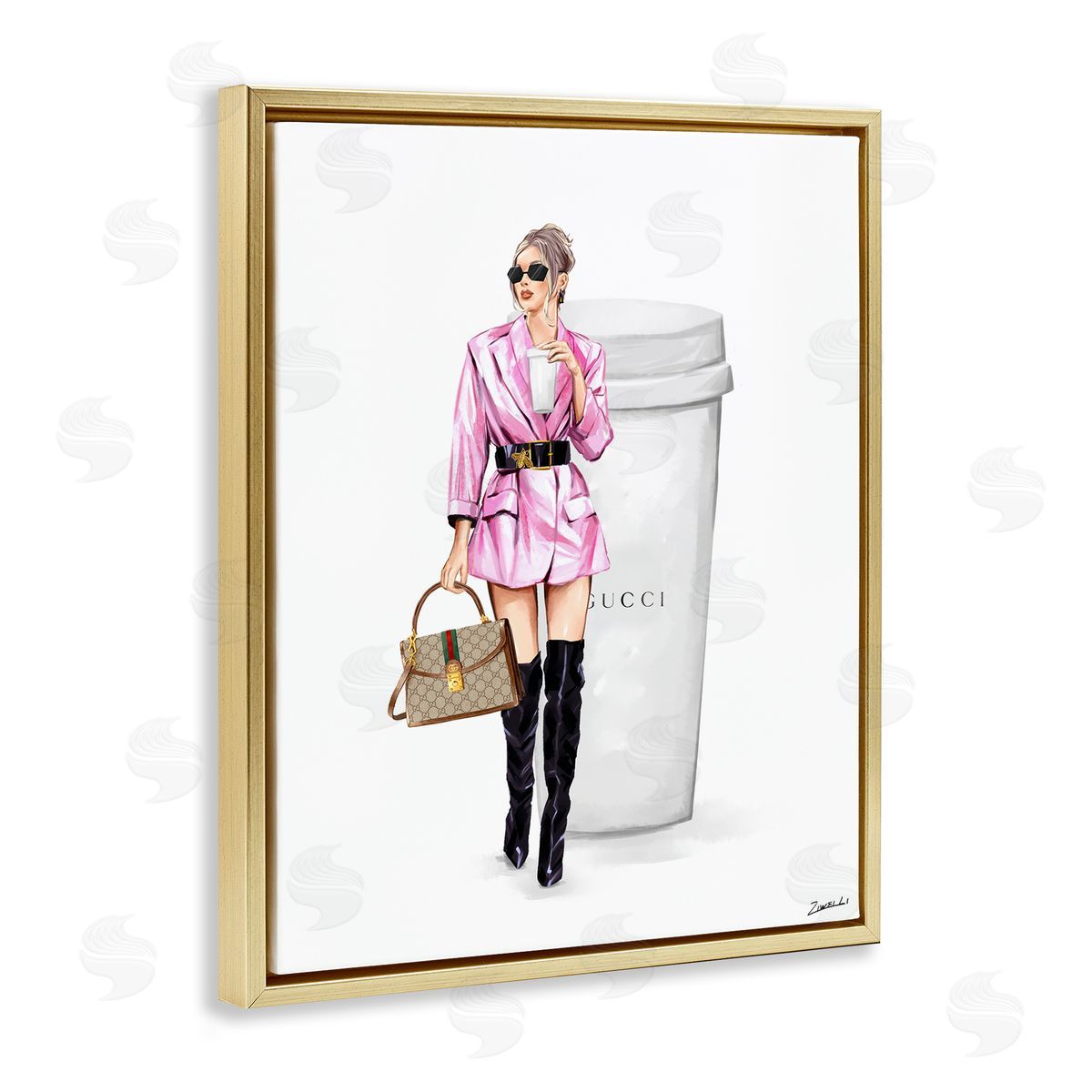 Ziwei Li Glam Woman with Coffee Gold Floating Frame Canvas Wall Art Print