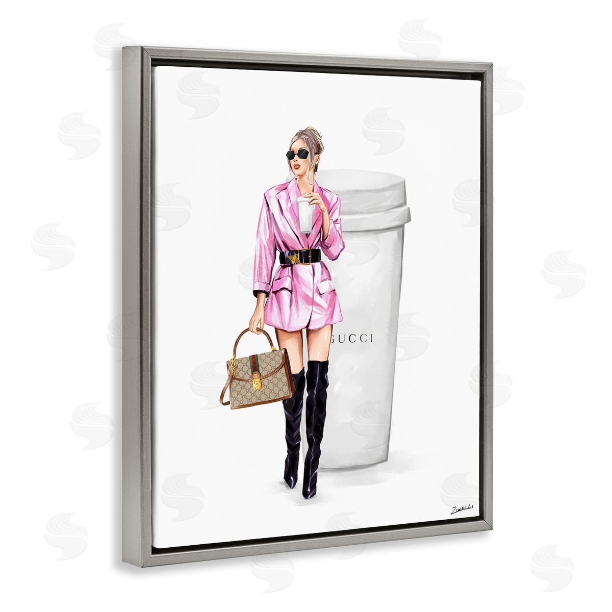 Ziwei Li Glam Woman with Coffee Gray Floating Frame Canvas Wall Art Print
