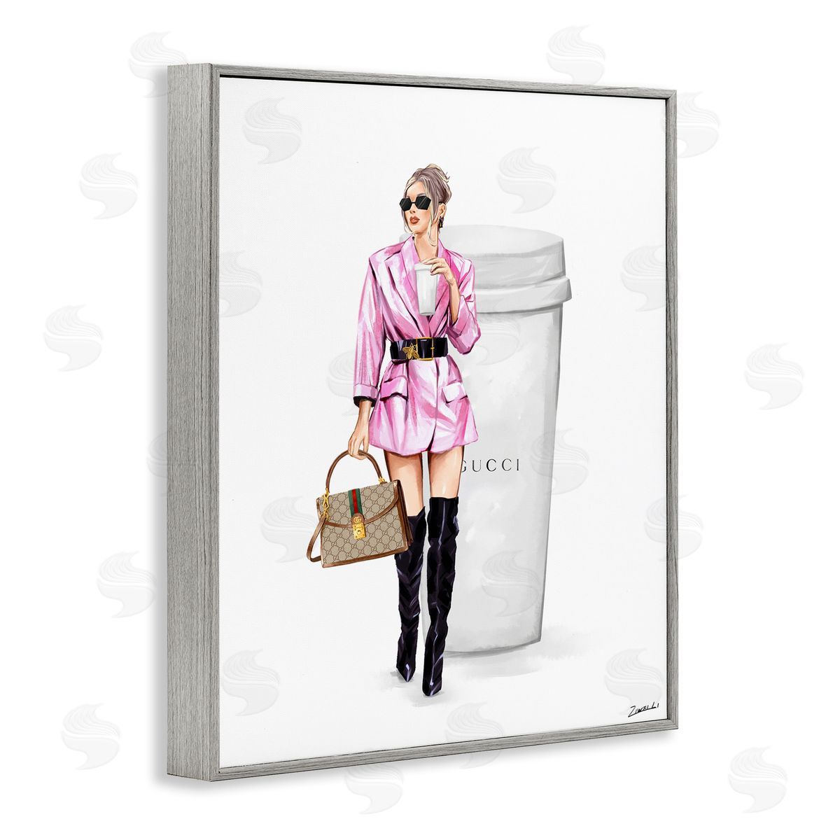 Ziwei Li Glam Woman with Coffee Gray Framed Giclee Wall Art Print