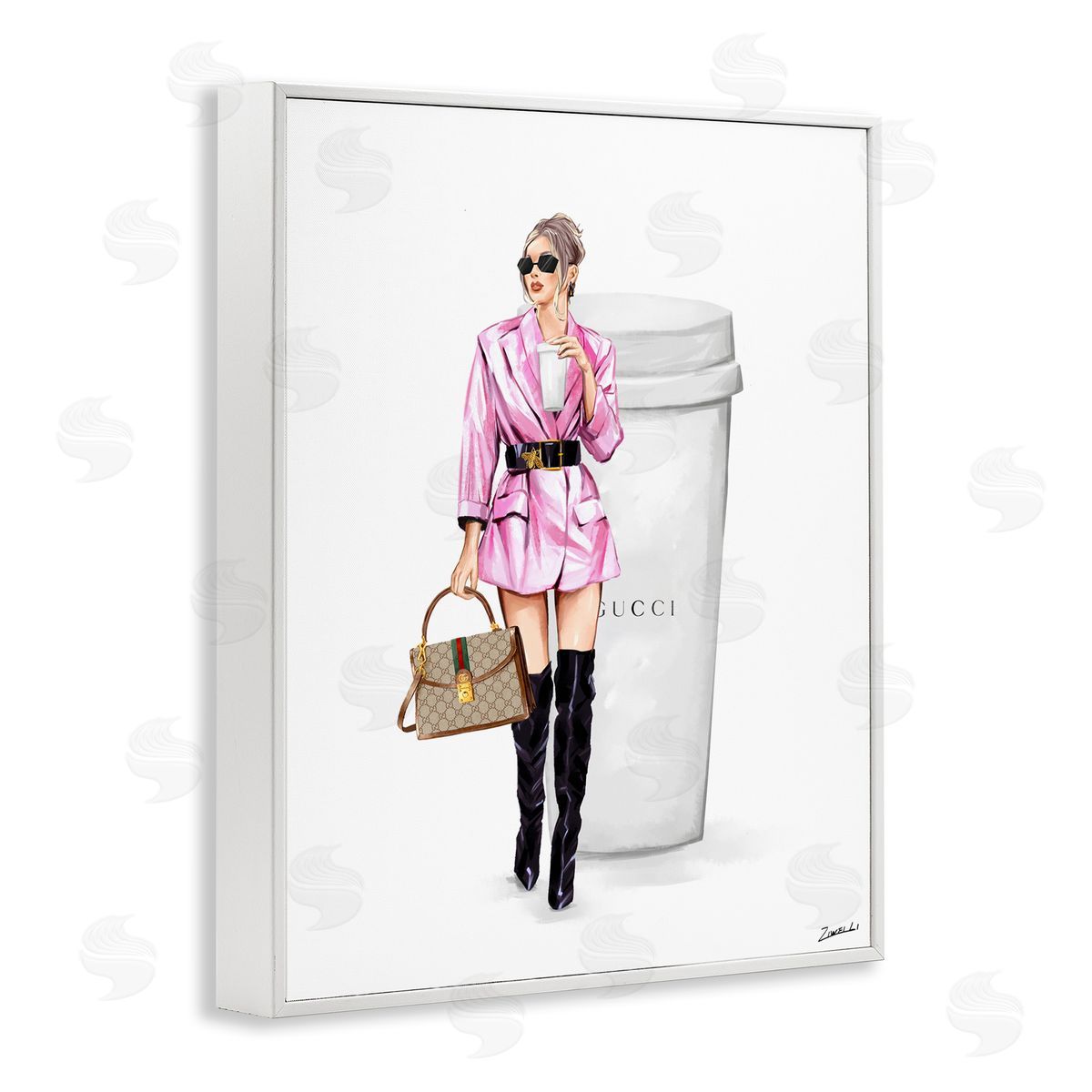 Ziwei Li Glam Woman with Coffee White Framed Giclee Wall Art Print