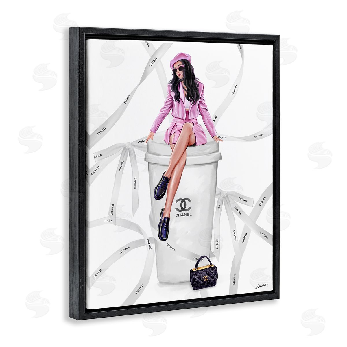Ziwei Li Elegant Woman on Coffee Cup Black Floating Frame Canvas Wall Art Print