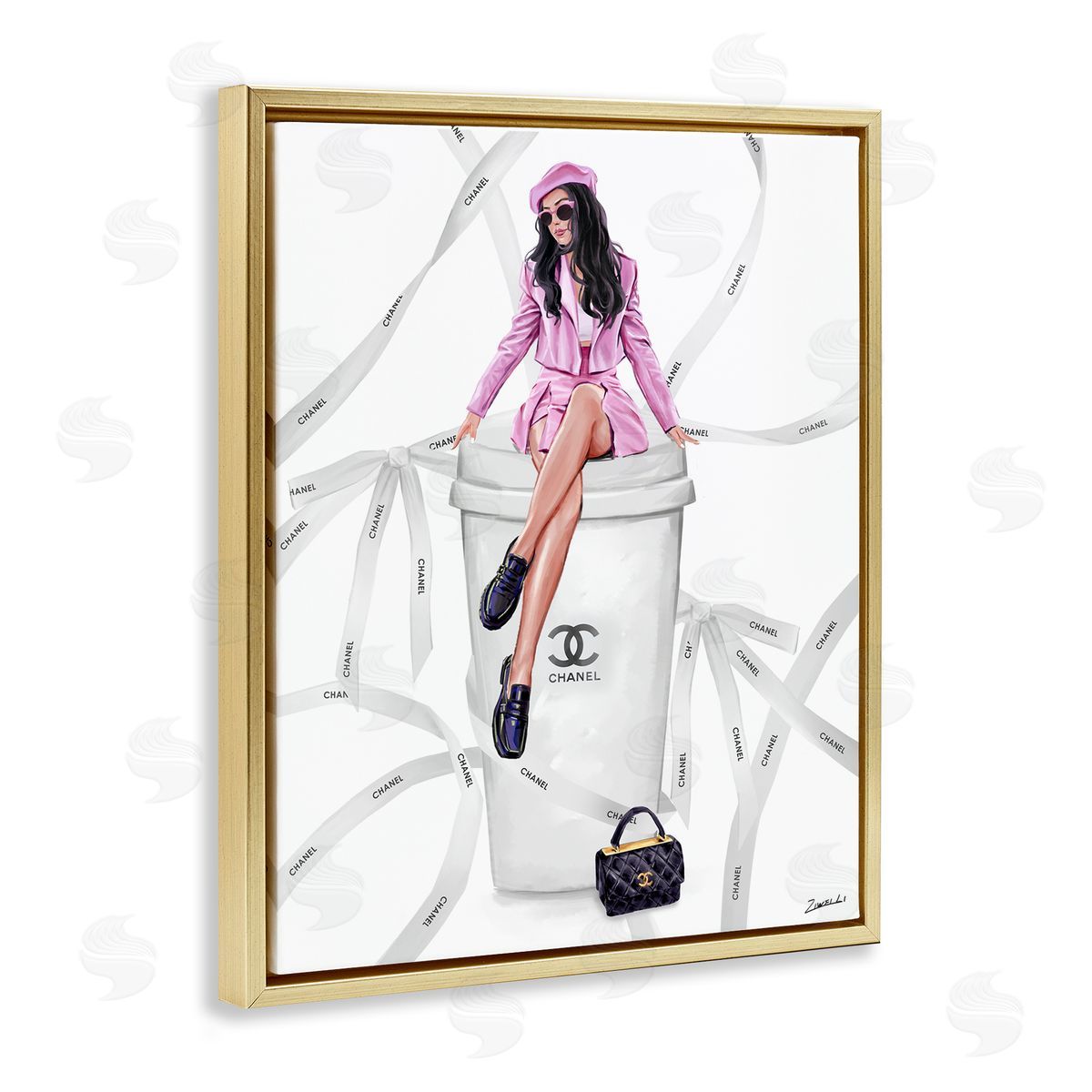 Ziwei Li Elegant Woman on Coffee Cup Gold Floating Frame Canvas Wall Art Print