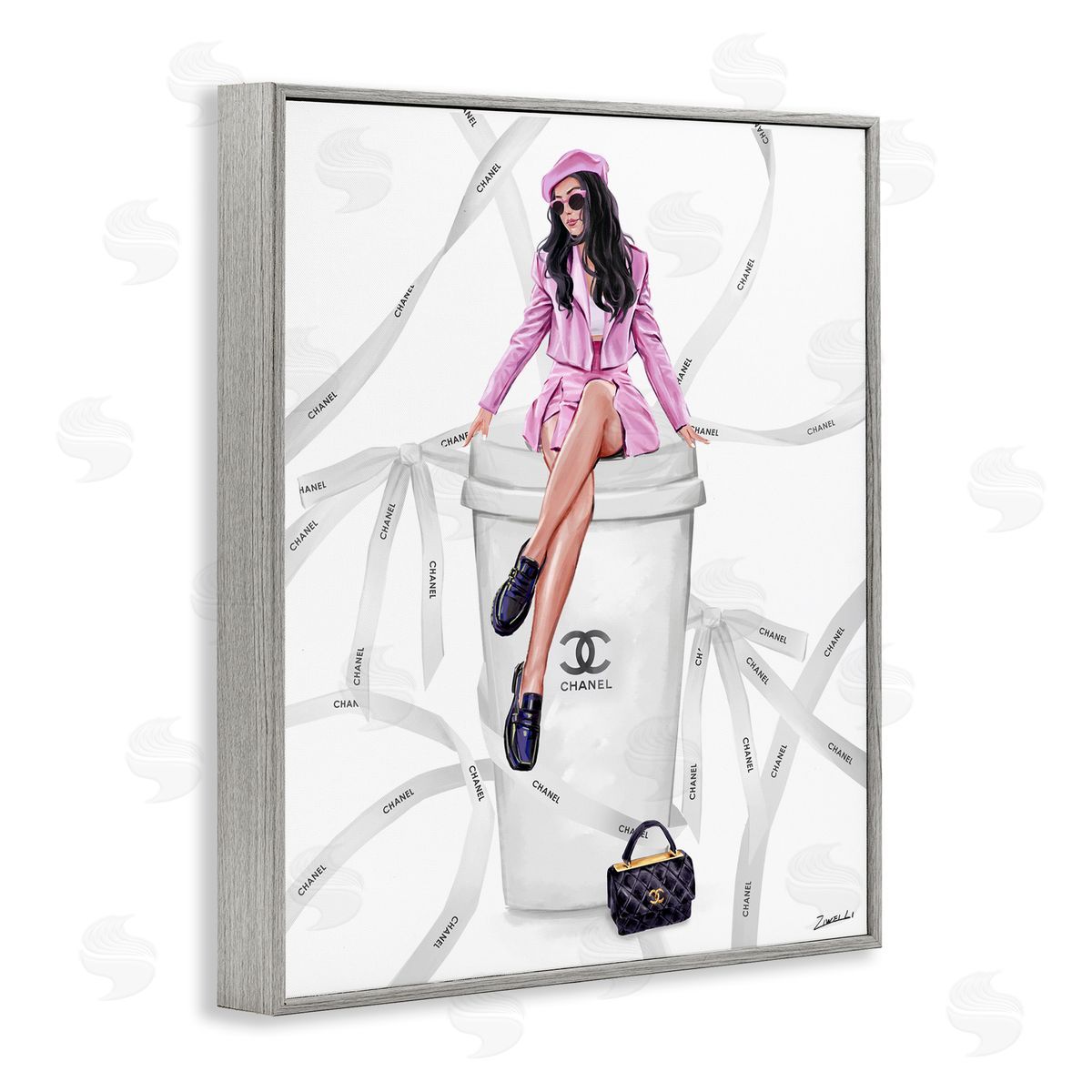 Ziwei Li Elegant Woman on Coffee Cup Gray Framed Giclee Wall Art Print