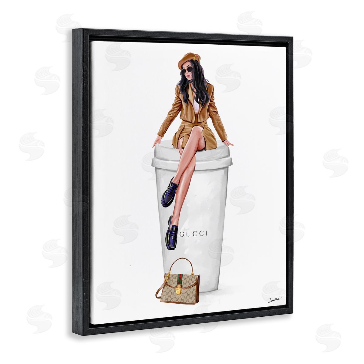 Ziwei Li Chic Lady on Coffee Cup Black Floating Frame Canvas Wall Art Print