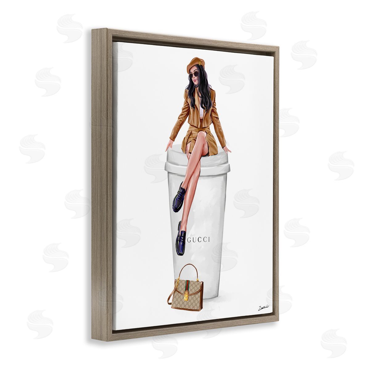 Ziwei Li Chic Lady on Coffee Cup Brown Floating Frame Canvas Wall Art Print