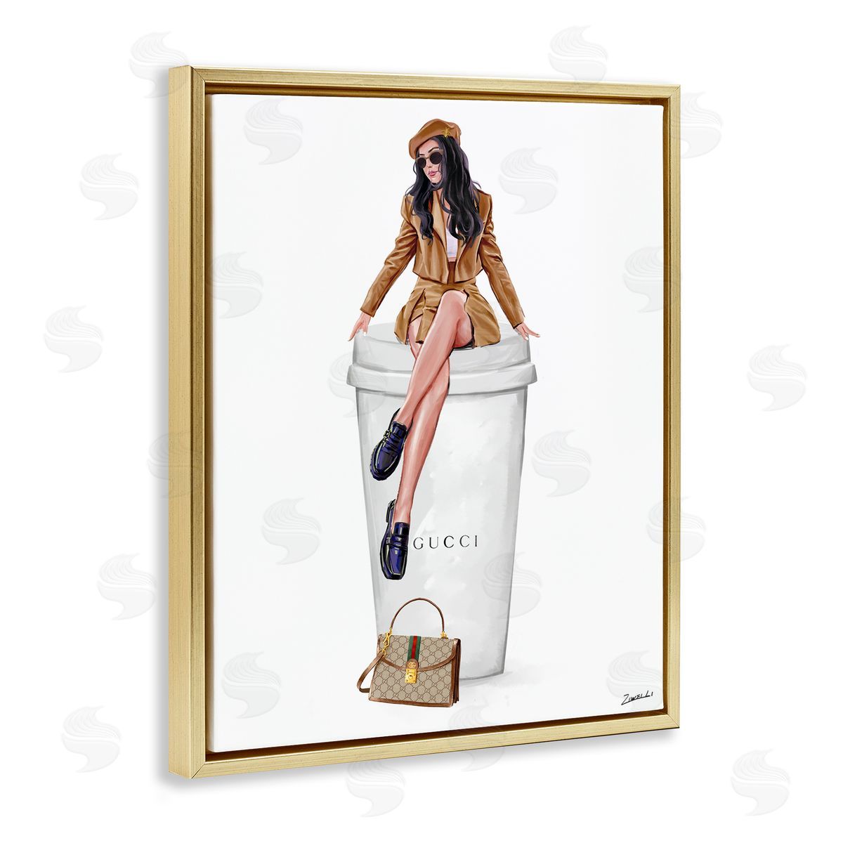 Ziwei Li Chic Lady on Coffee Cup Gold Floating Frame Canvas Wall Art Print