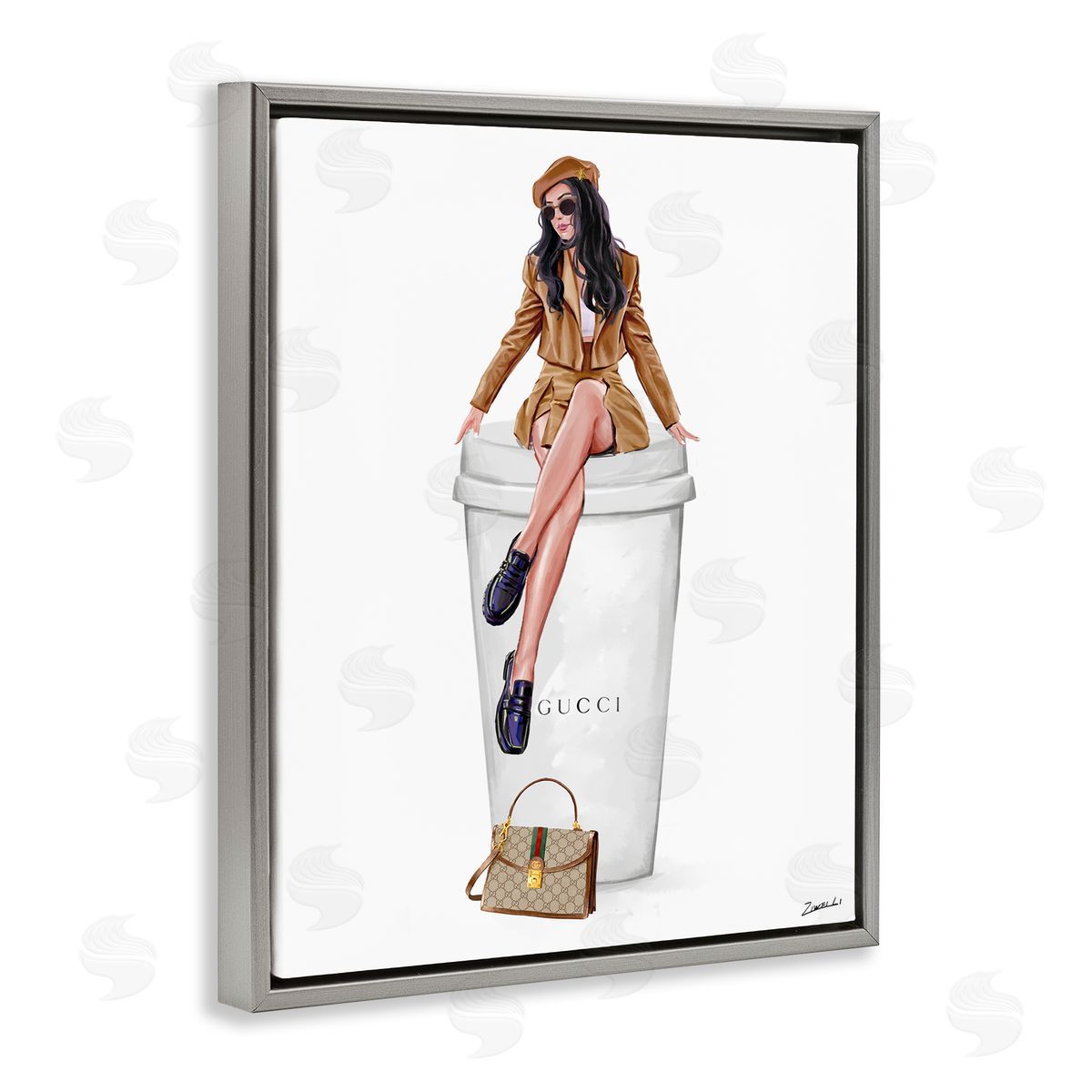 Ziwei Li Chic Lady on Coffee Cup Gray Floating Frame Canvas Wall Art Print