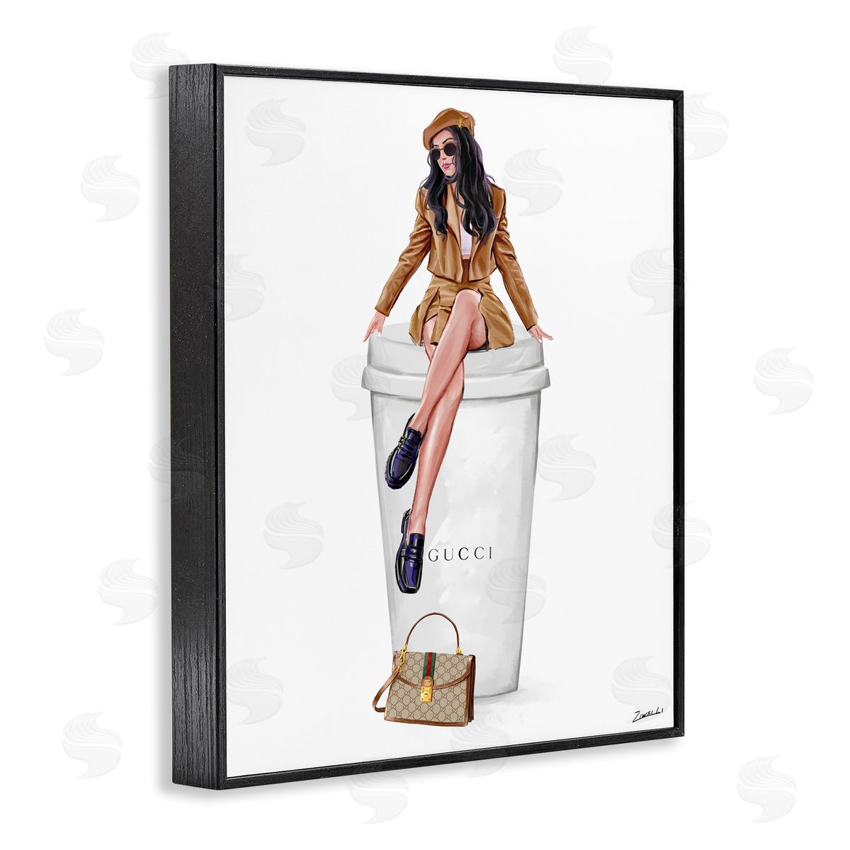 Ziwei Li Chic Lady on Coffee Cup Black Framed Giclee Wall Art Print