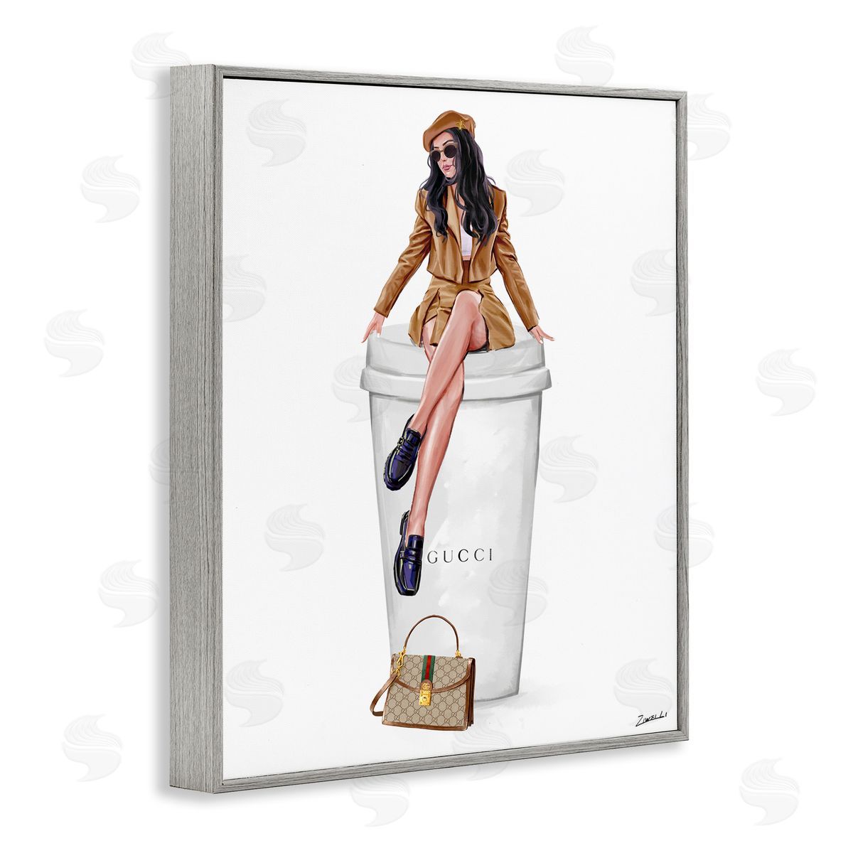 Ziwei Li Chic Lady on Coffee Cup Gray Framed Giclee Wall Art Print
