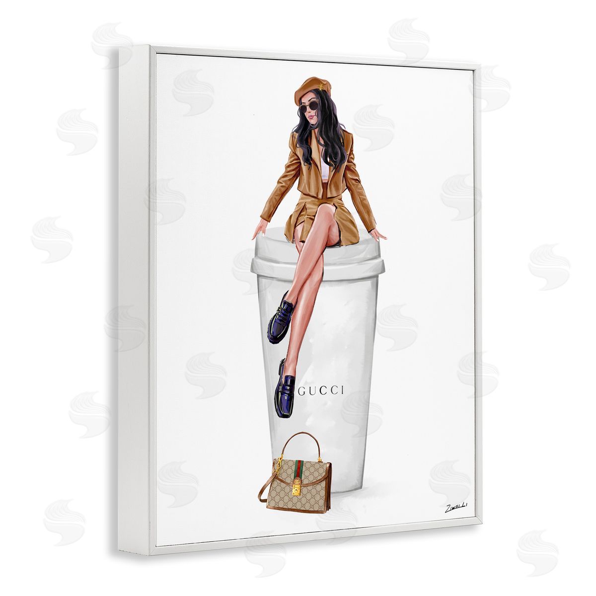Ziwei Li Chic Lady on Coffee Cup White Framed Giclee Wall Art Print