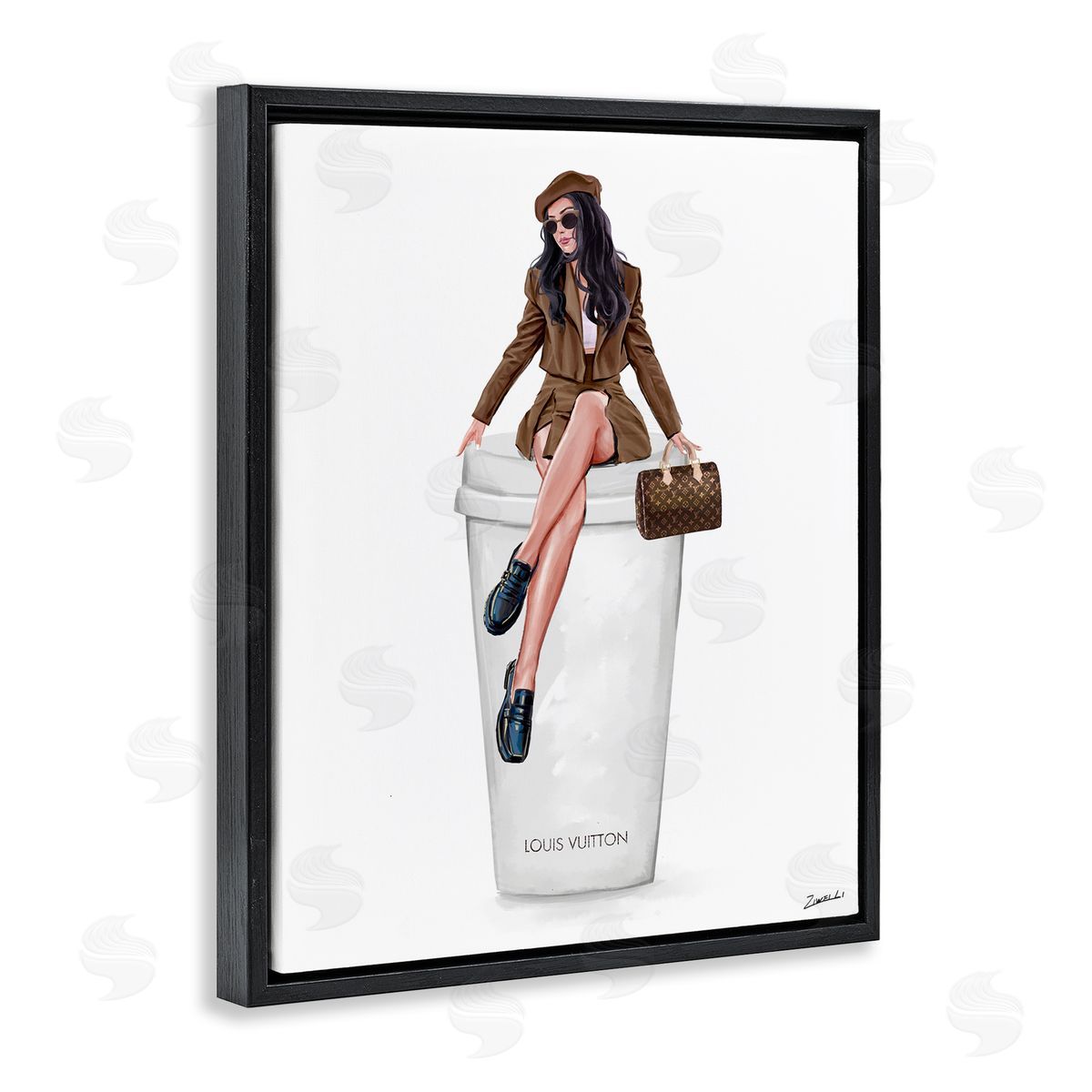 Ziwei Li Lovely Lady on Coffee Cup Black Floating Frame Canvas Wall Art Print
