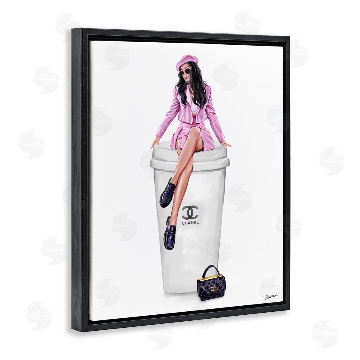 Ziwei Li Chic Fashionista Atop Coffee Black Floating Frame Canvas Wall Art Print