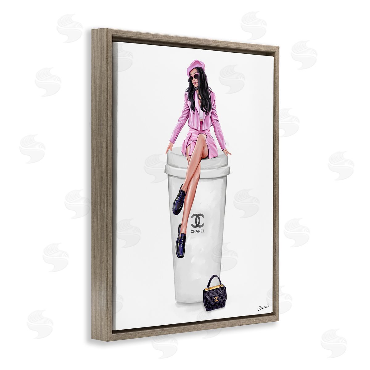 Ziwei Li Chic Fashionista Atop Coffee Brown Floating Frame Canvas Wall Art Print