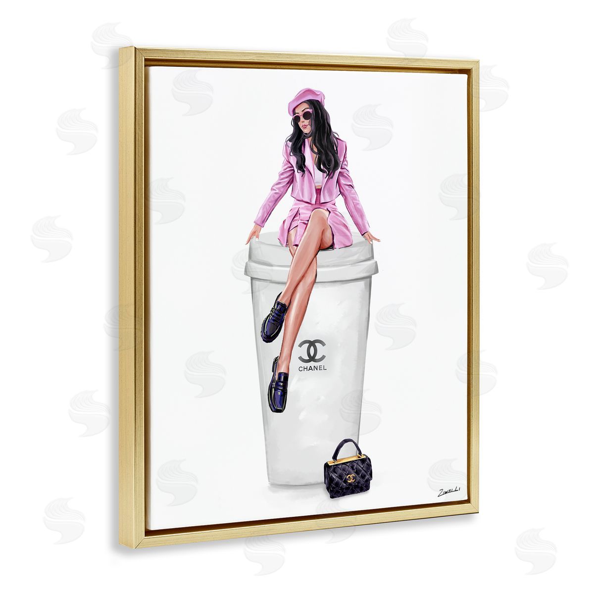 Ziwei Li Chic Fashionista Atop Coffee Gold Floating Frame Canvas Wall Art Print