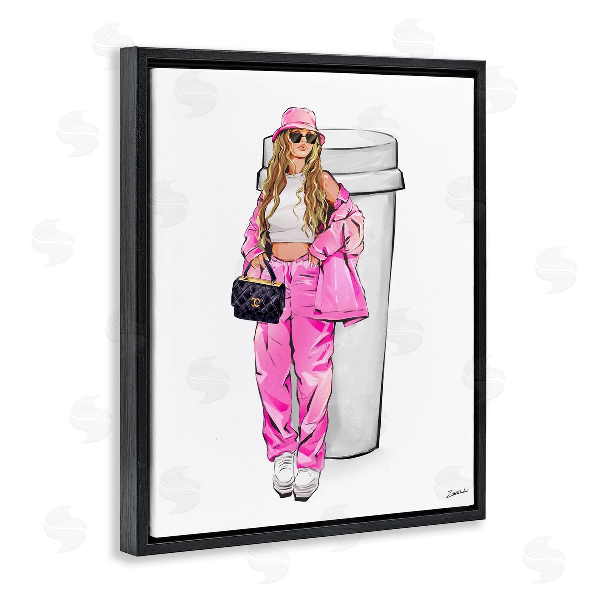 Ziwei Li Trendy Style Girl & Coffee Black Floating Frame Canvas Wall Art Print