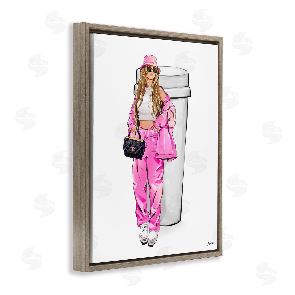 Ziwei Li Trendy Style Girl & Coffee Brown Floating Frame Canvas Wall Art Print