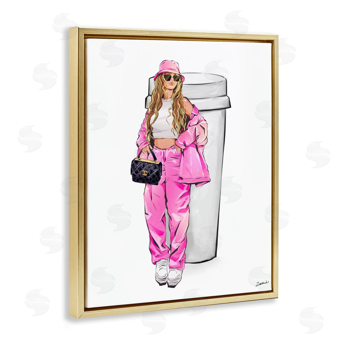 Ziwei Li Trendy Style Girl & Coffee Gold Floating Frame Canvas Wall Art Print