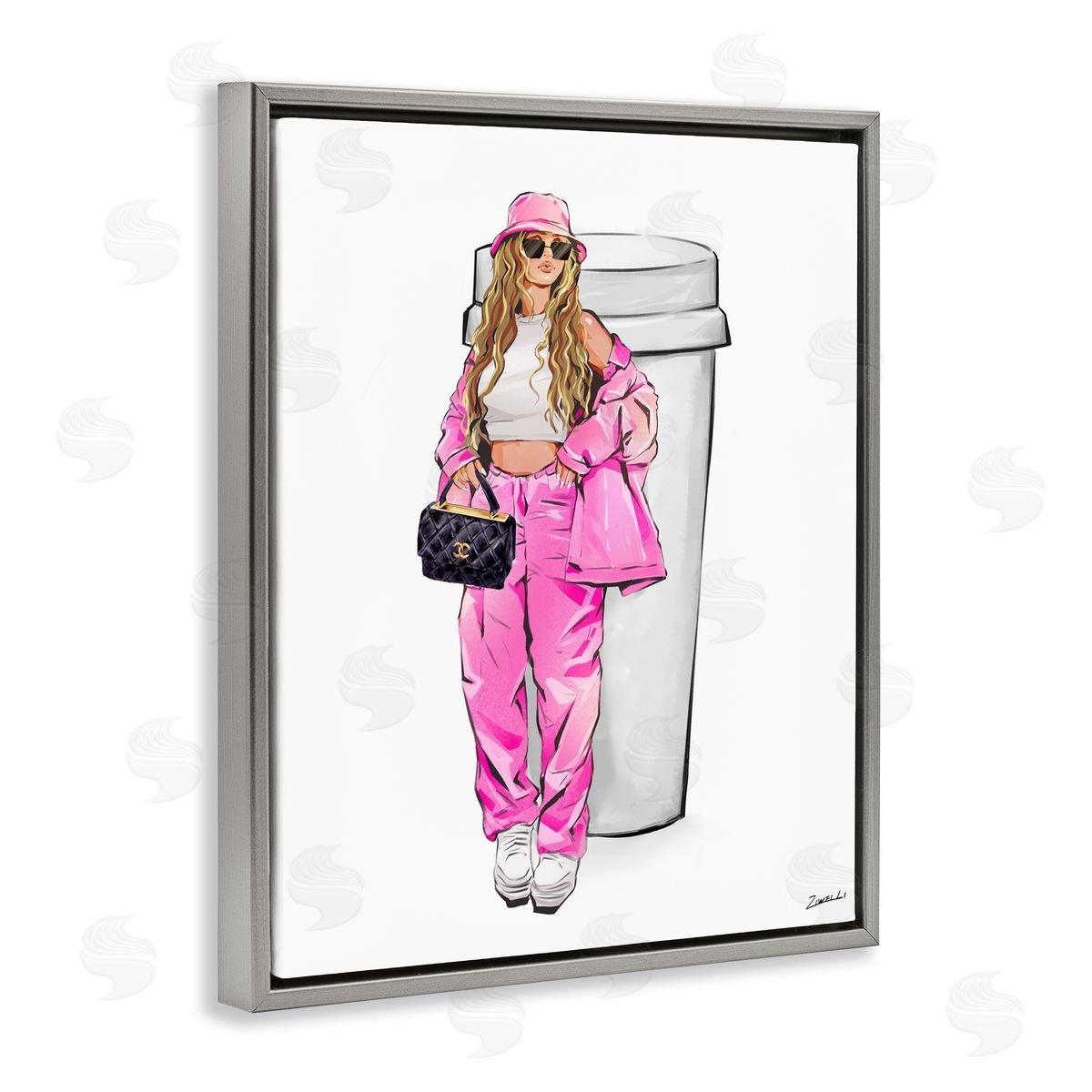 Ziwei Li Trendy Style Girl & Coffee Gray Floating Frame Canvas Wall Art Print