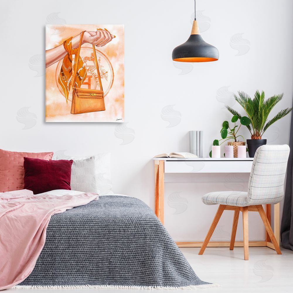 Ziwei Li Holding Orange Handbag Canvas Wall Art Print in Room