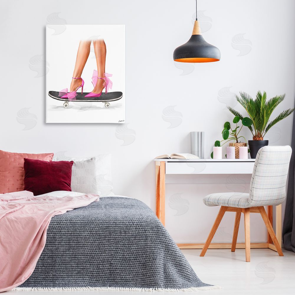 Ziwei Li Pink Heels on Skateboard Canvas Wall Art Print in Room