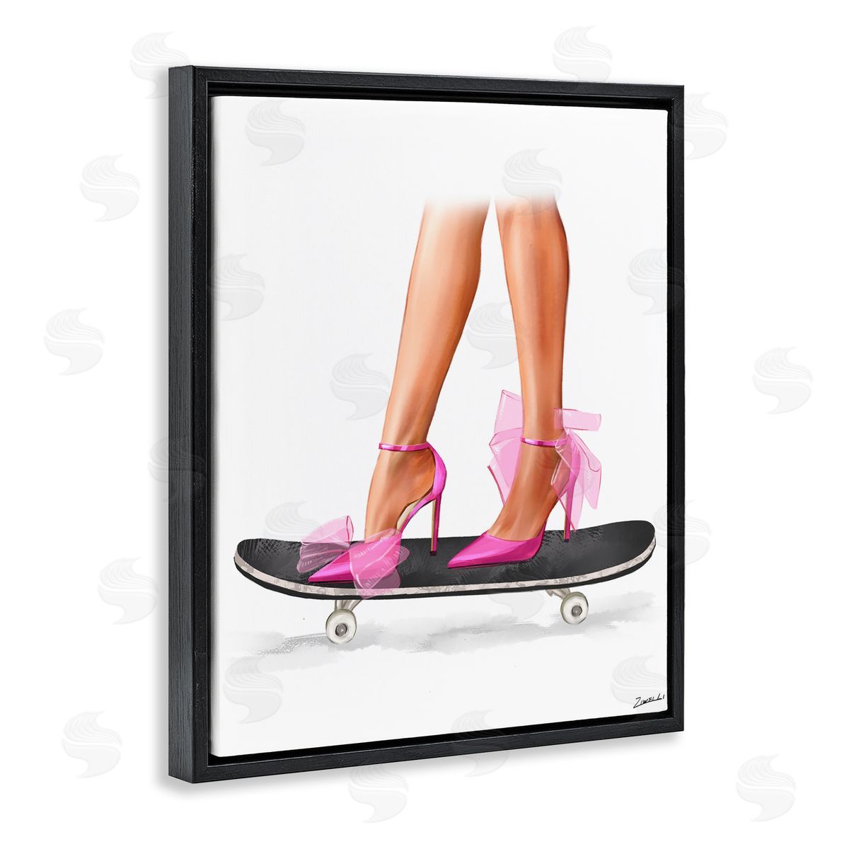 Ziwei Li Pink Heels on Skateboard Black Floating Frame Canvas Wall Art Print