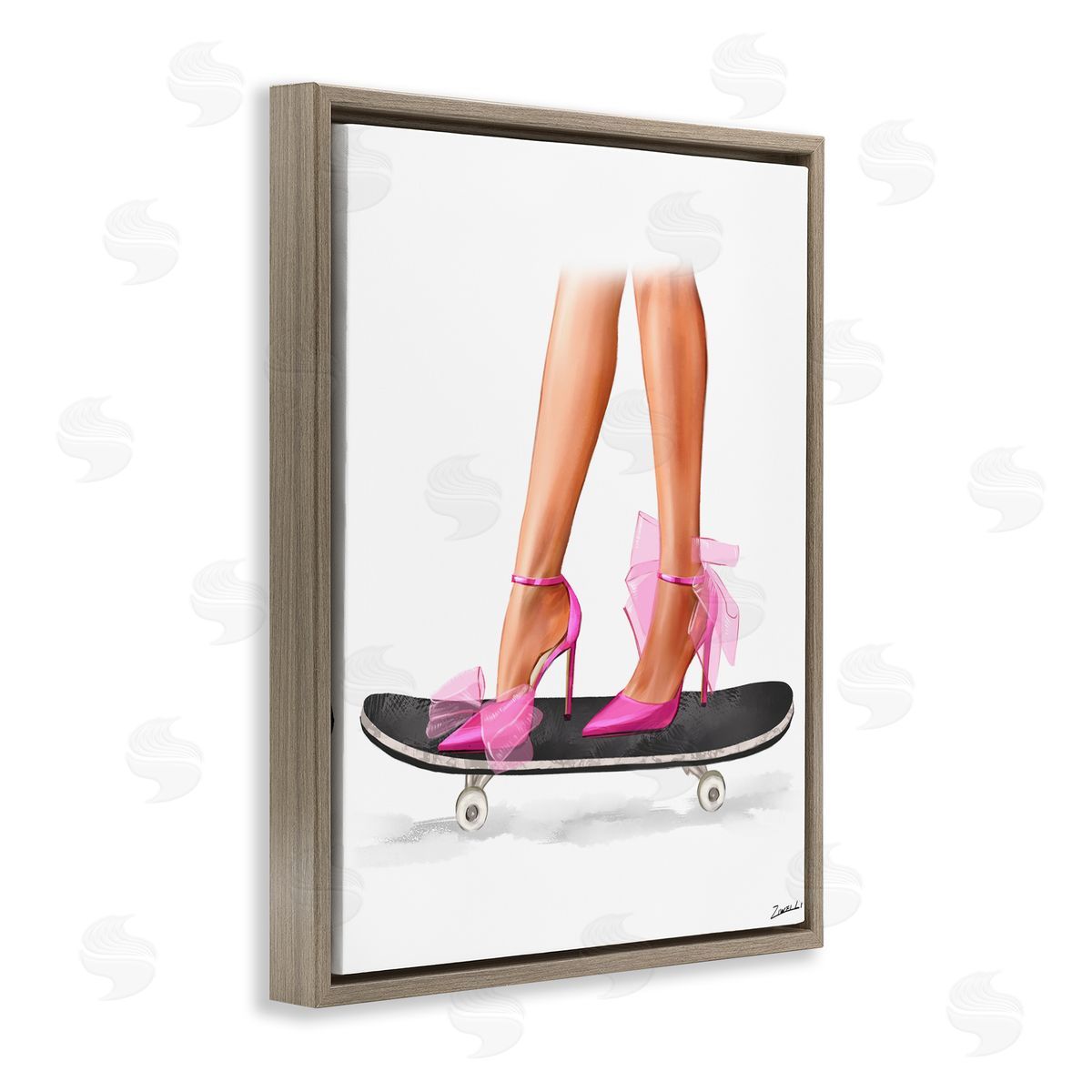 Ziwei Li Pink Heels on Skateboard Brown Floating Frame Canvas Wall Art Print
