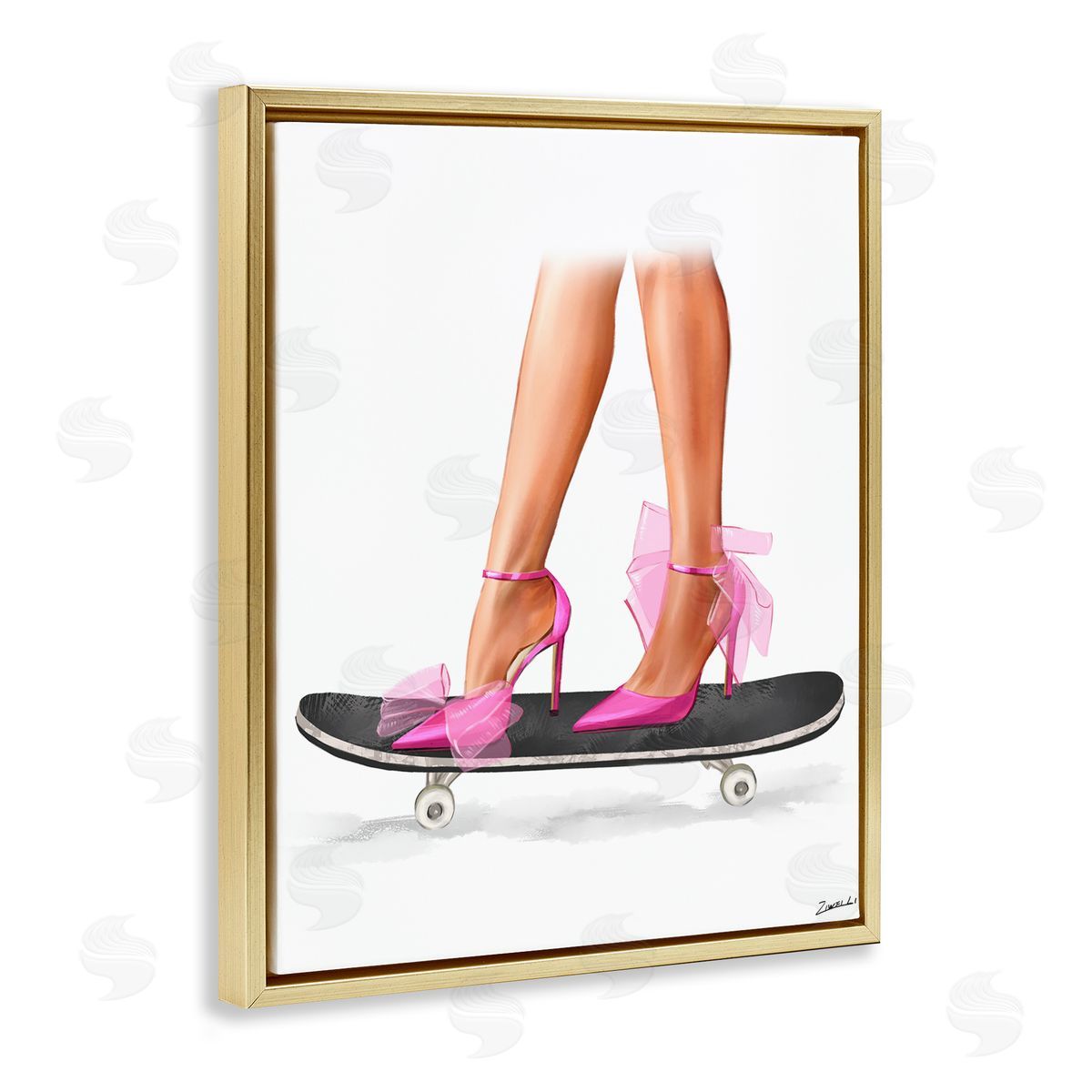 Ziwei Li Pink Heels on Skateboard Gold Floating Frame Canvas Wall Art Print