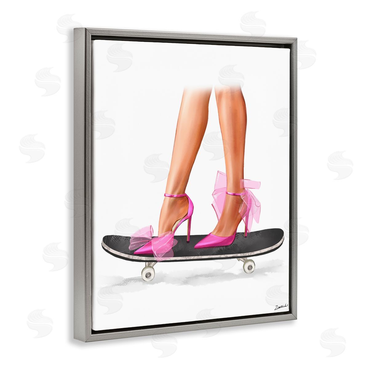 Ziwei Li Pink Heels on Skateboard Gray Floating Frame Canvas Wall Art Print