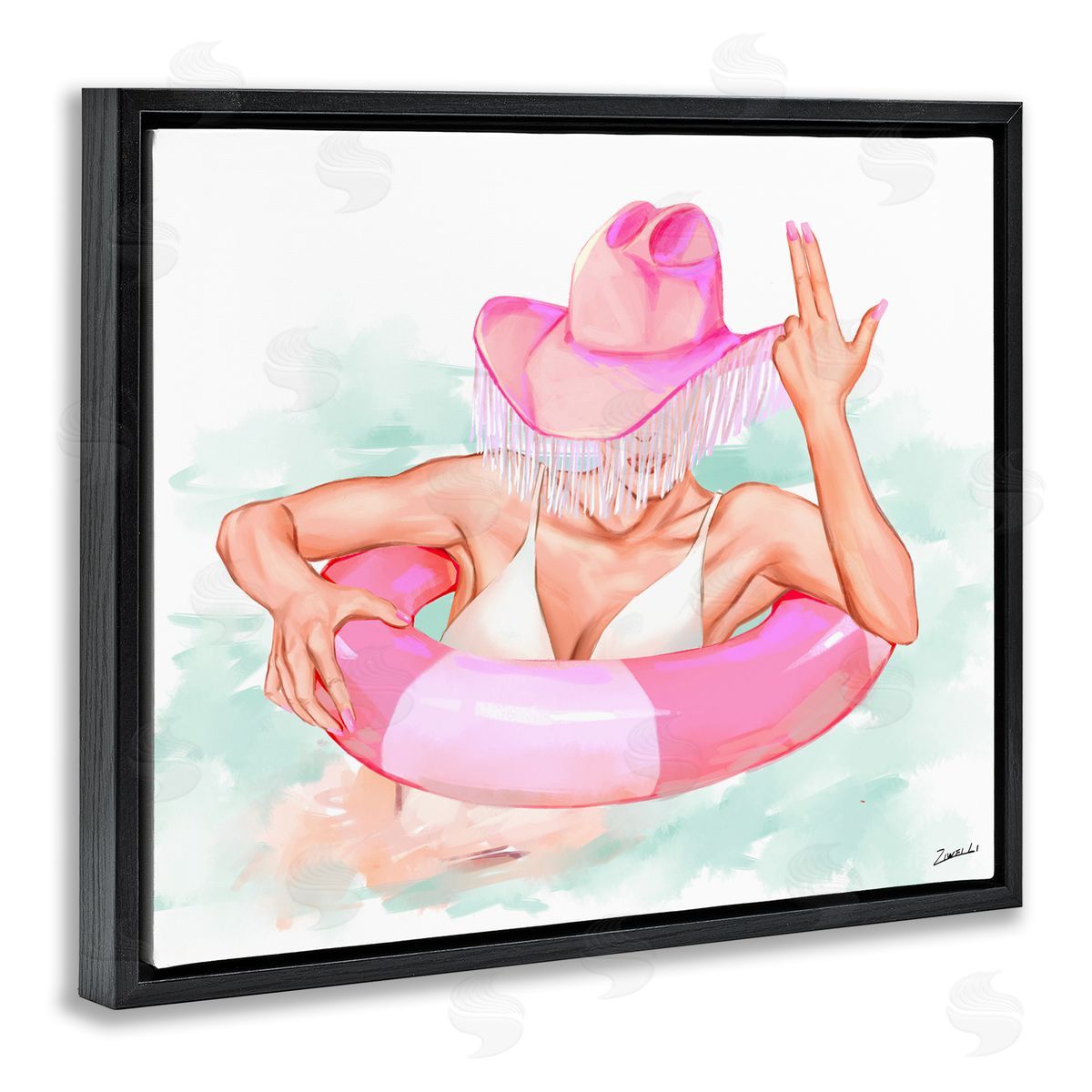 Ziwei Li Woman in Pool Float Black Floating Frame Canvas Wall Art Print