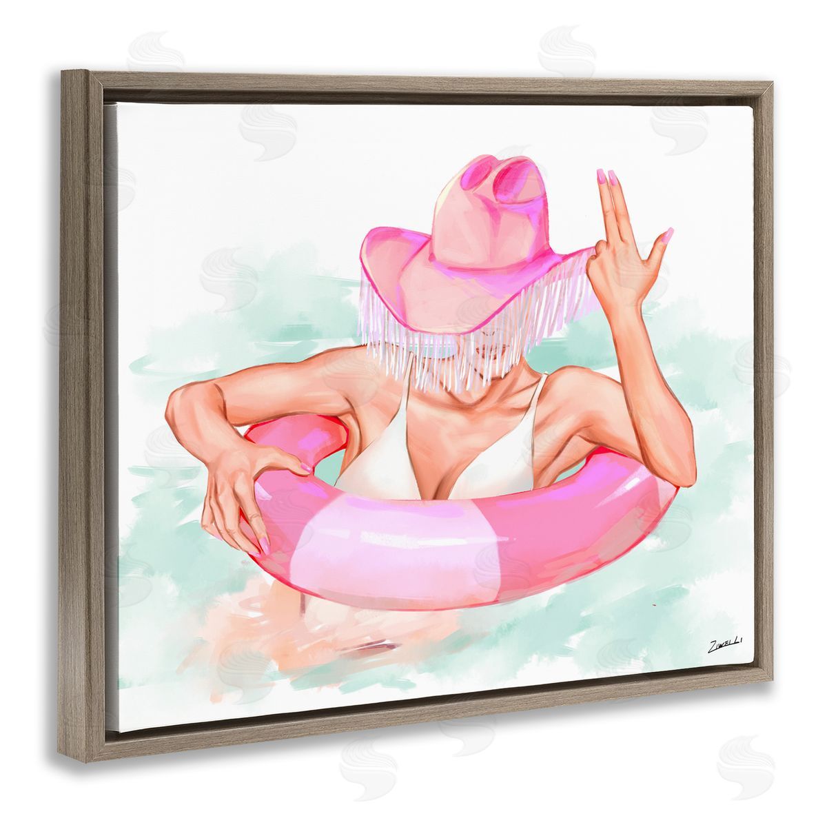 Ziwei Li Woman in Pool Float Brown Floating Frame Canvas Wall Art Print