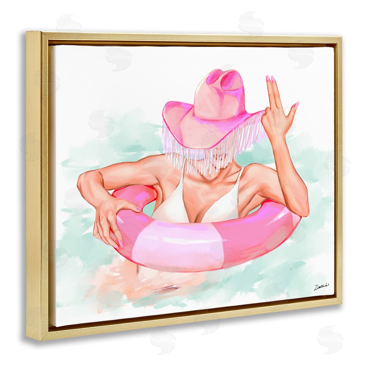 Ziwei Li Woman in Pool Float Gold Floating Frame Canvas Wall Art Print