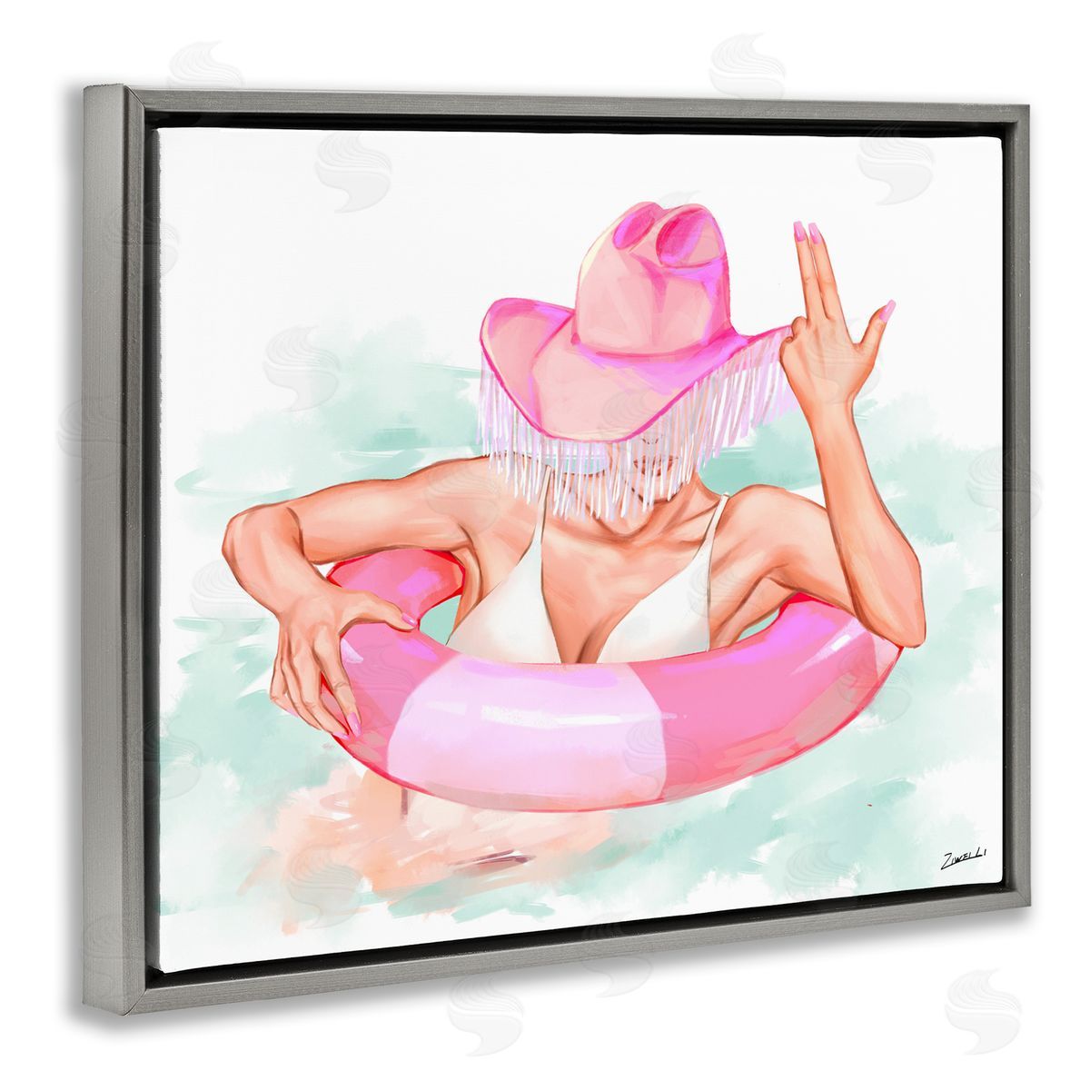 Ziwei Li Woman in Pool Float Gray Floating Frame Canvas Wall Art Print