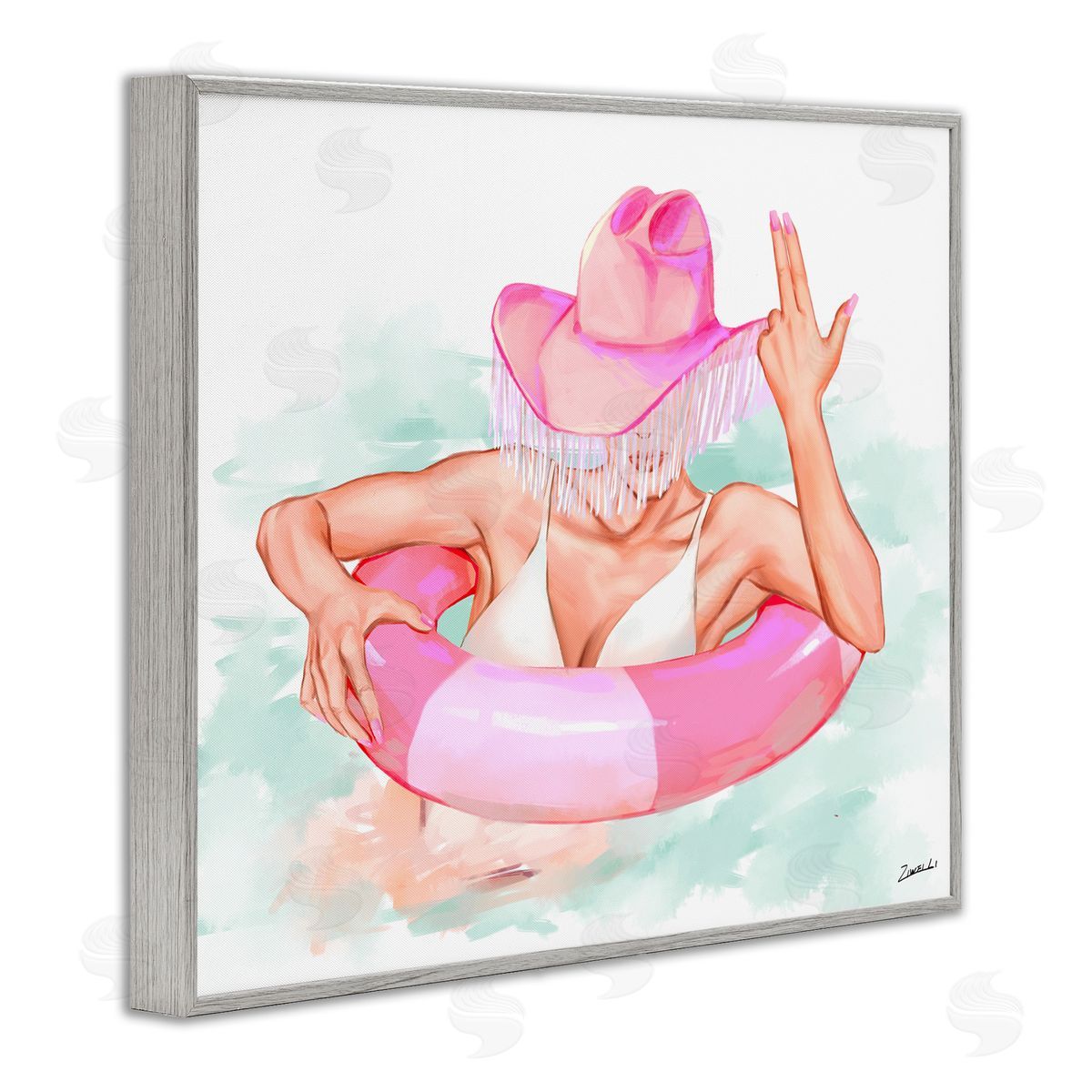Ziwei Li Woman in Pool Float Gray Framed Giclee Wall Art Print