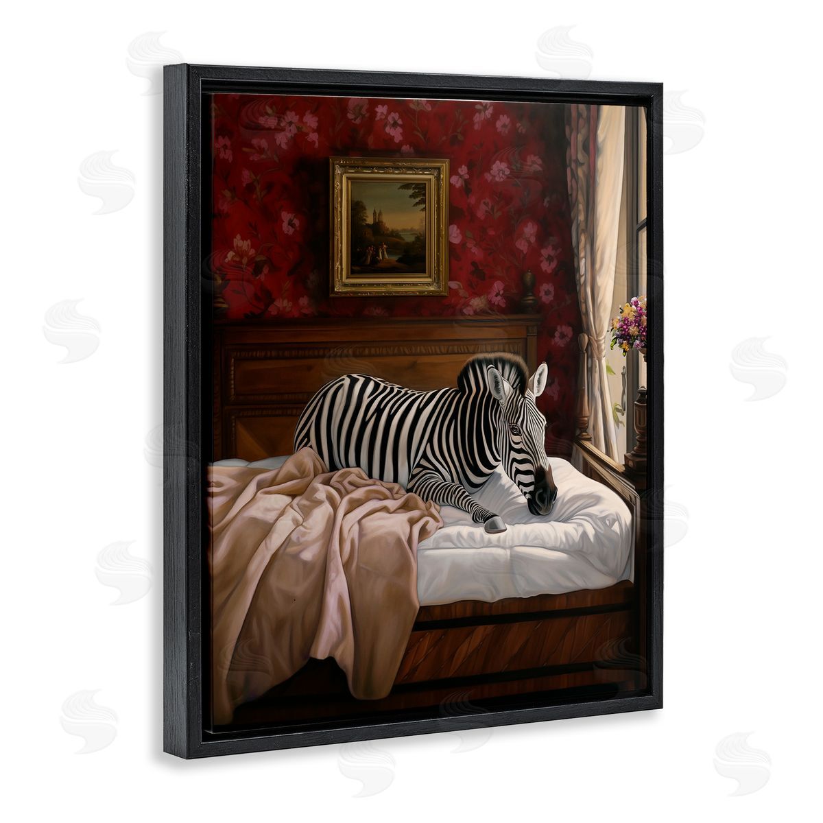 Ziwei Li Zebra on Regal Bed Black Floating Frame Canvas Wall Art Print
