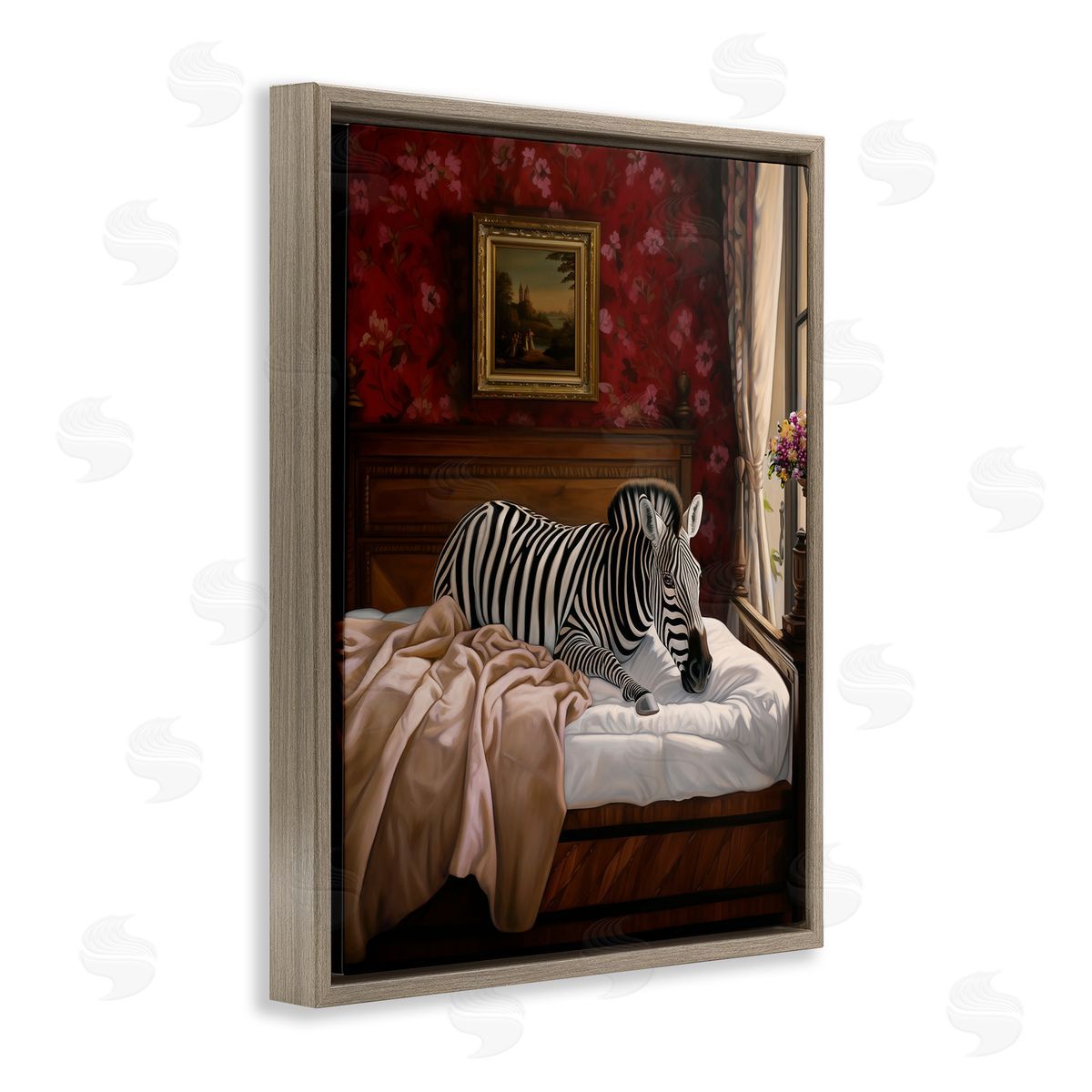 Ziwei Li Zebra on Regal Bed Brown Floating Frame Canvas Wall Art Print