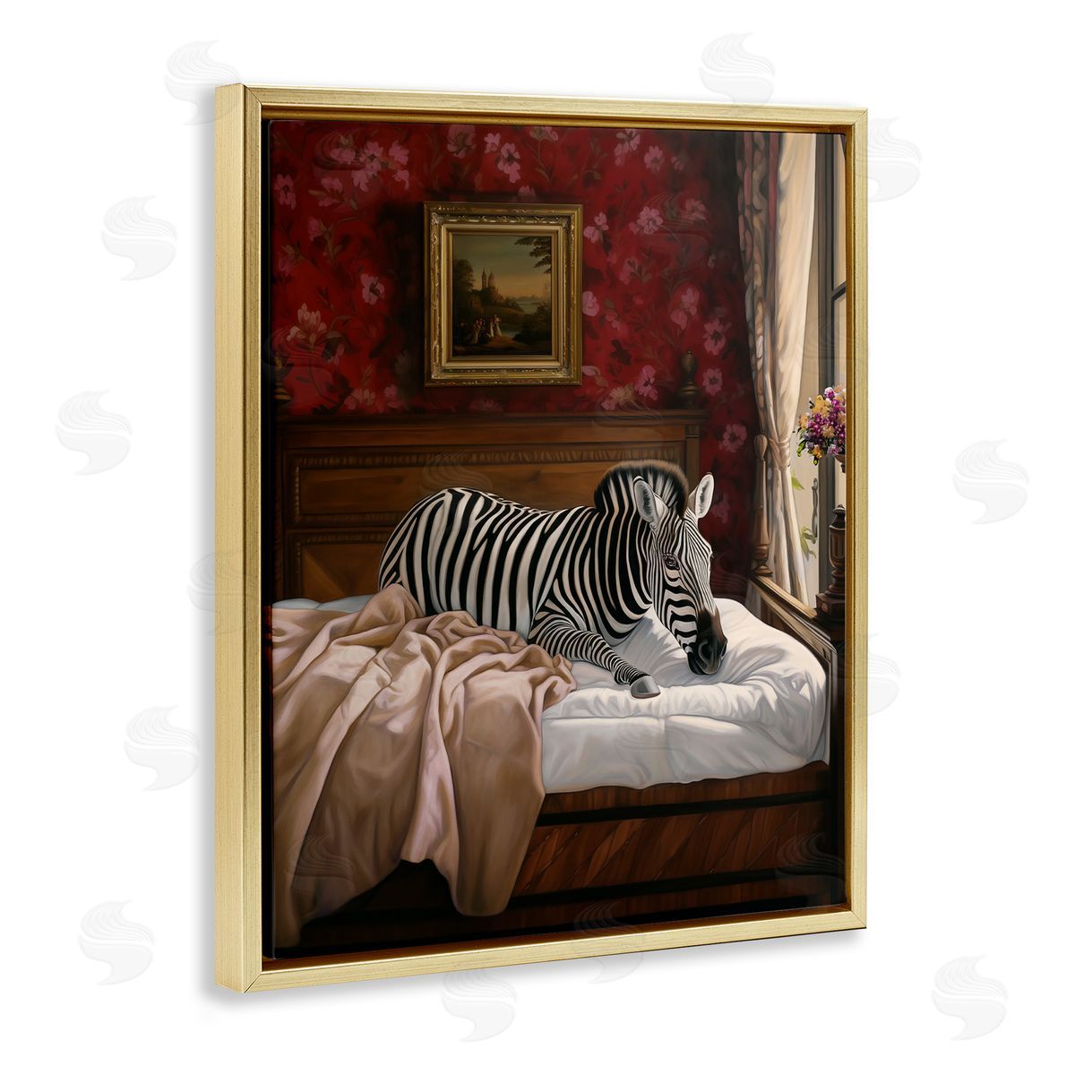 Ziwei Li Zebra on Regal Bed Gold Floating Frame Canvas Wall Art Print