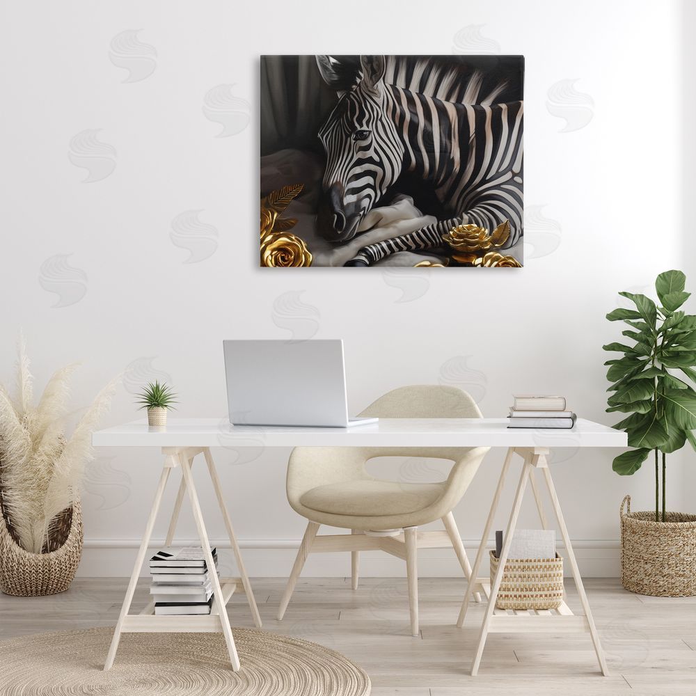 Ziwei Li Zebra with Gold Flowers Canvas Wall Art Print in Room