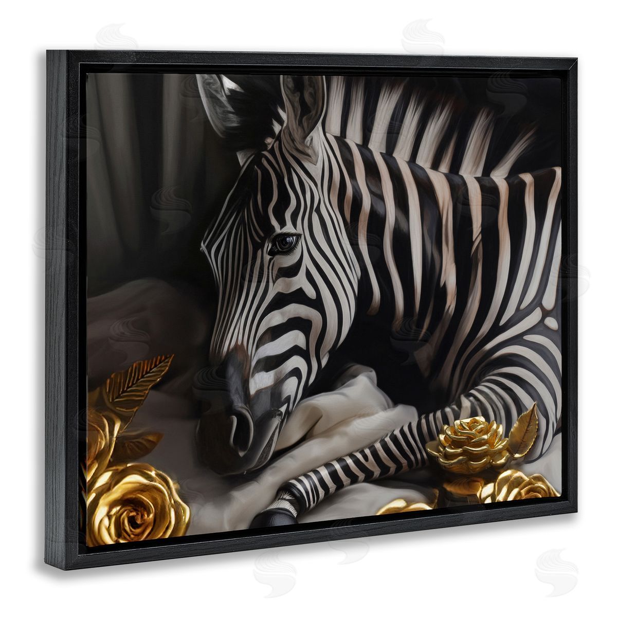 Ziwei Li Zebra with Gold Flowers Black Floating Frame Canvas Wall Art Print
