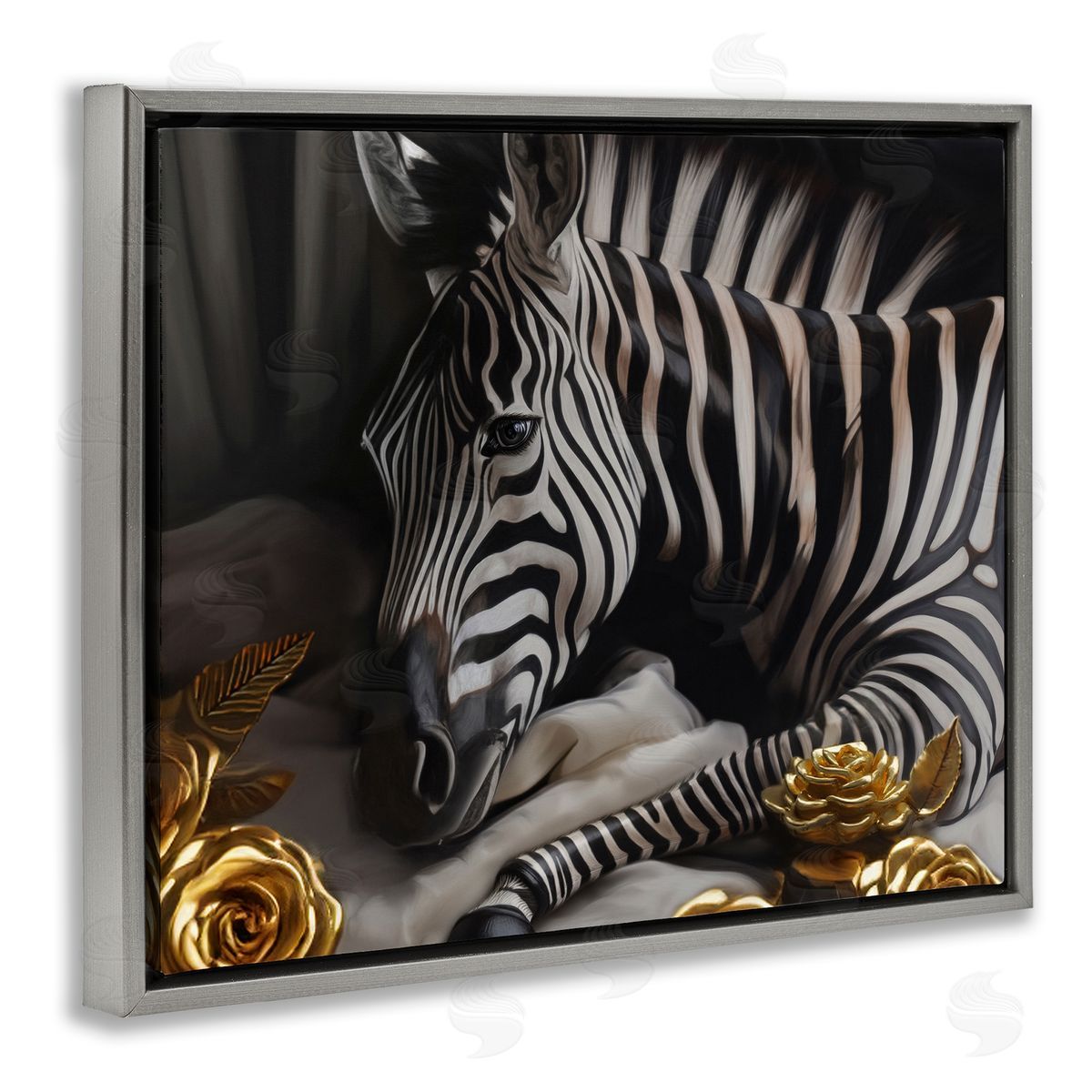 Ziwei Li Zebra with Gold Flowers Gray Floating Frame Canvas Wall Art Print