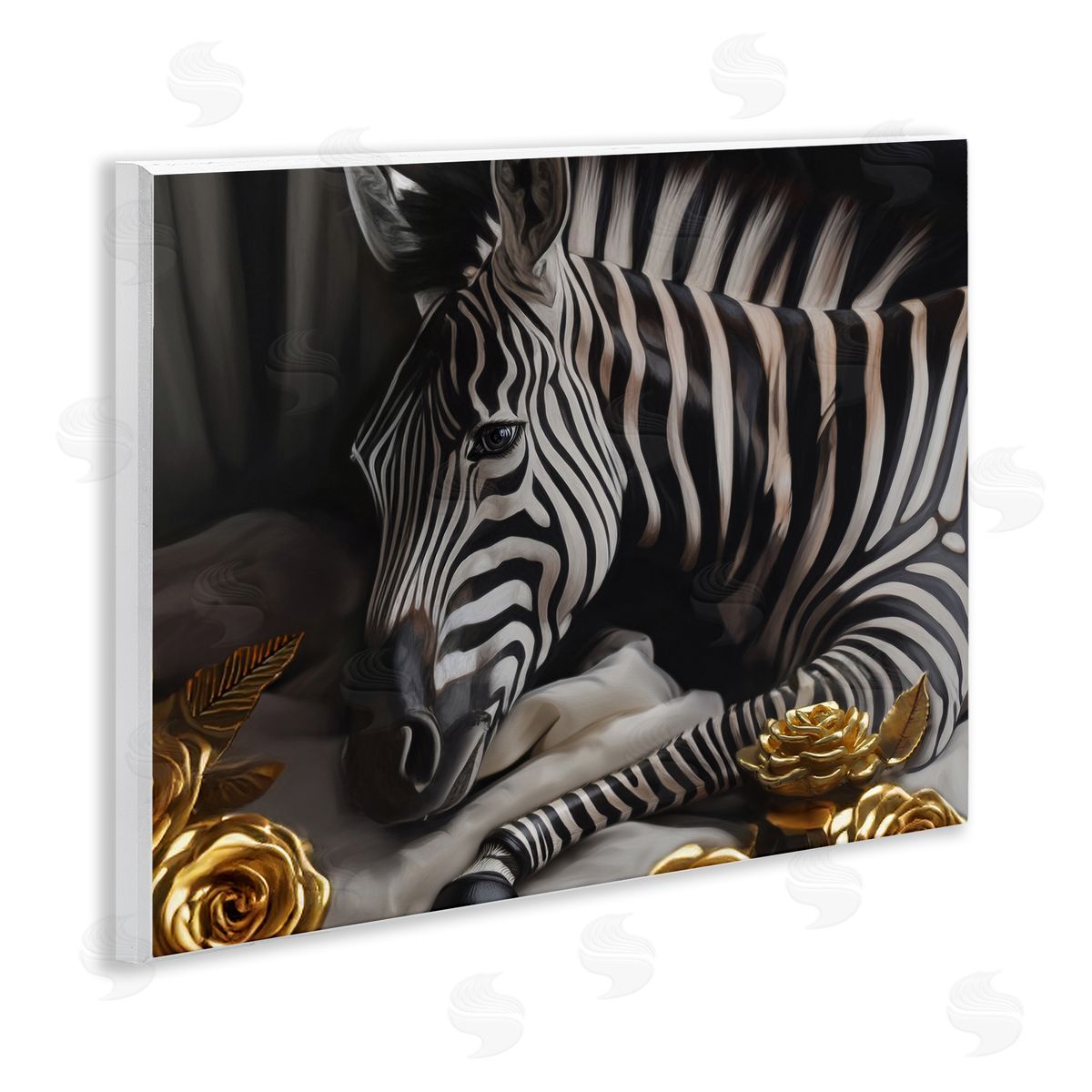 Ziwei Li Zebra with Gold Flowers Wooden Wall Plaque Art Print