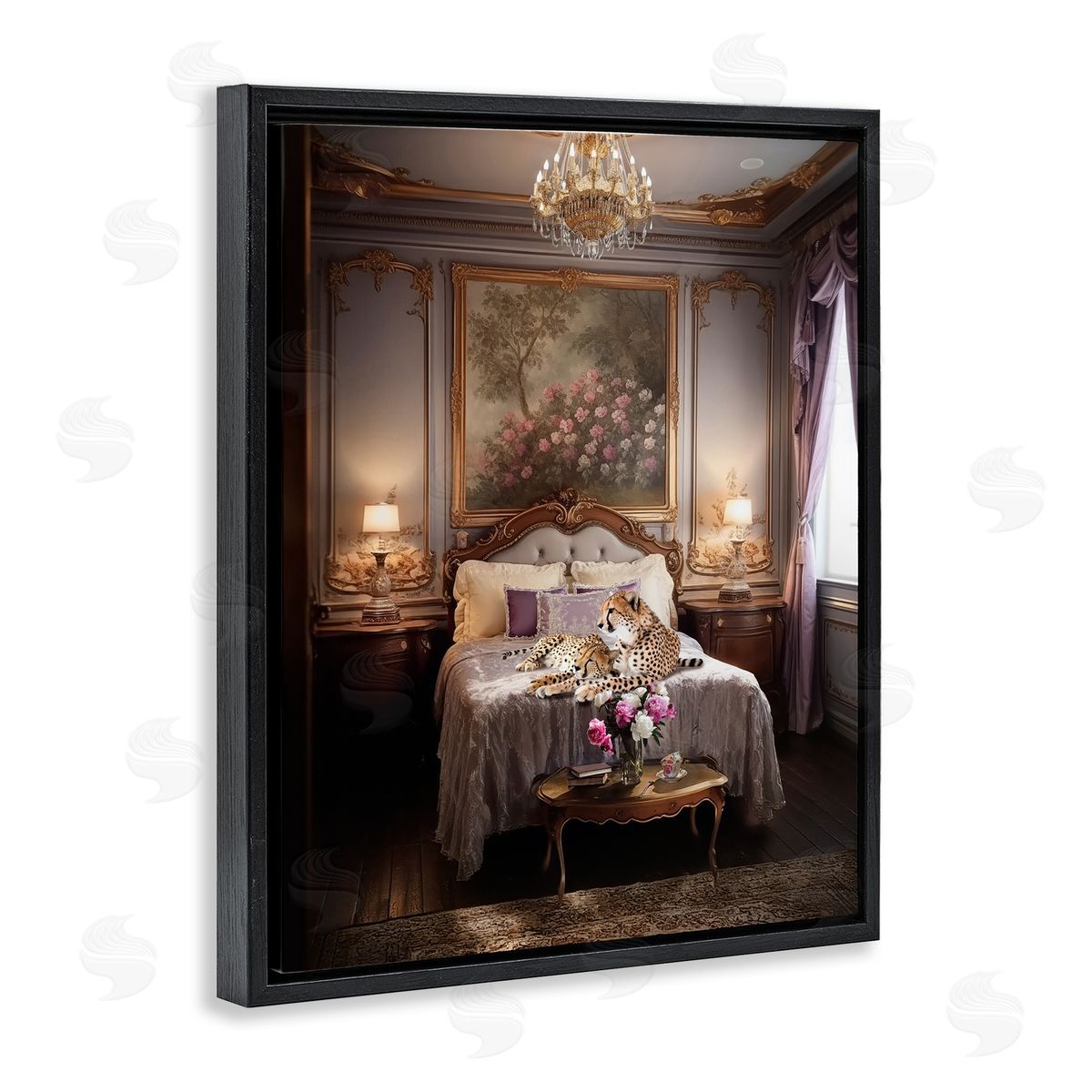 Ziwei Li Cheetah on Regal Bed Black Floating Frame Canvas Wall Art Print